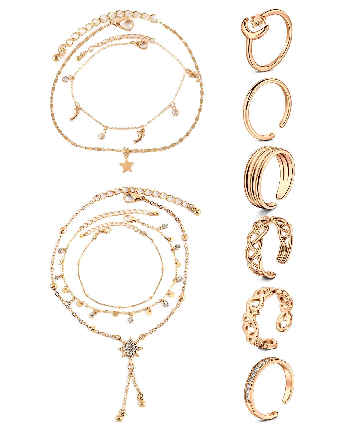 JFORYOU Toe Rings for Women Adjustable Open Toe Rings with Anklet Set CZ Flower Toes Ring for Summer Beach Foot Jewelry