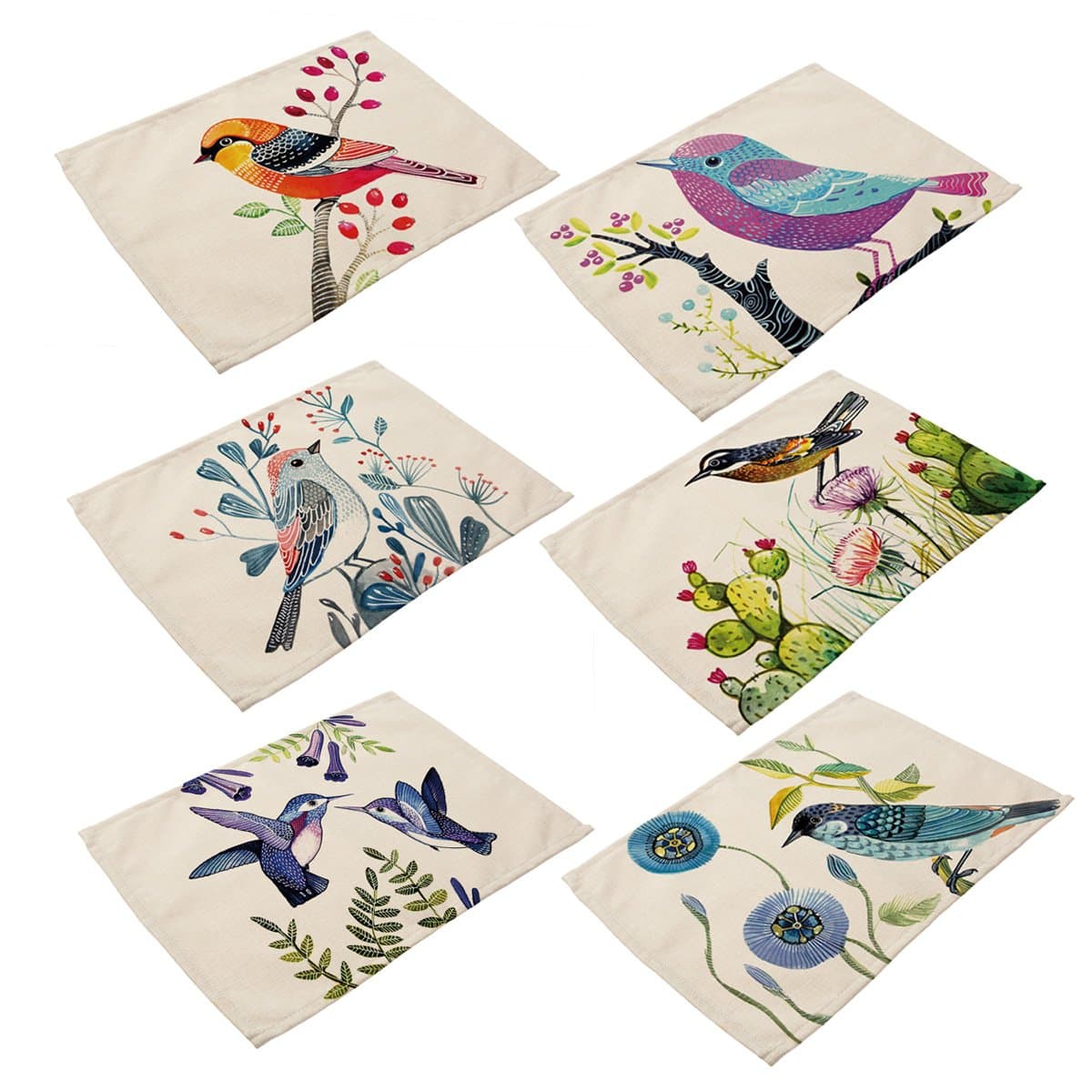 Cotton Linen Placemats Birds Painting Design Place Mats Home Decoration for Dinner Table,Indoor Outdoor Kitchen Table Mats Set of 6 (Bird)