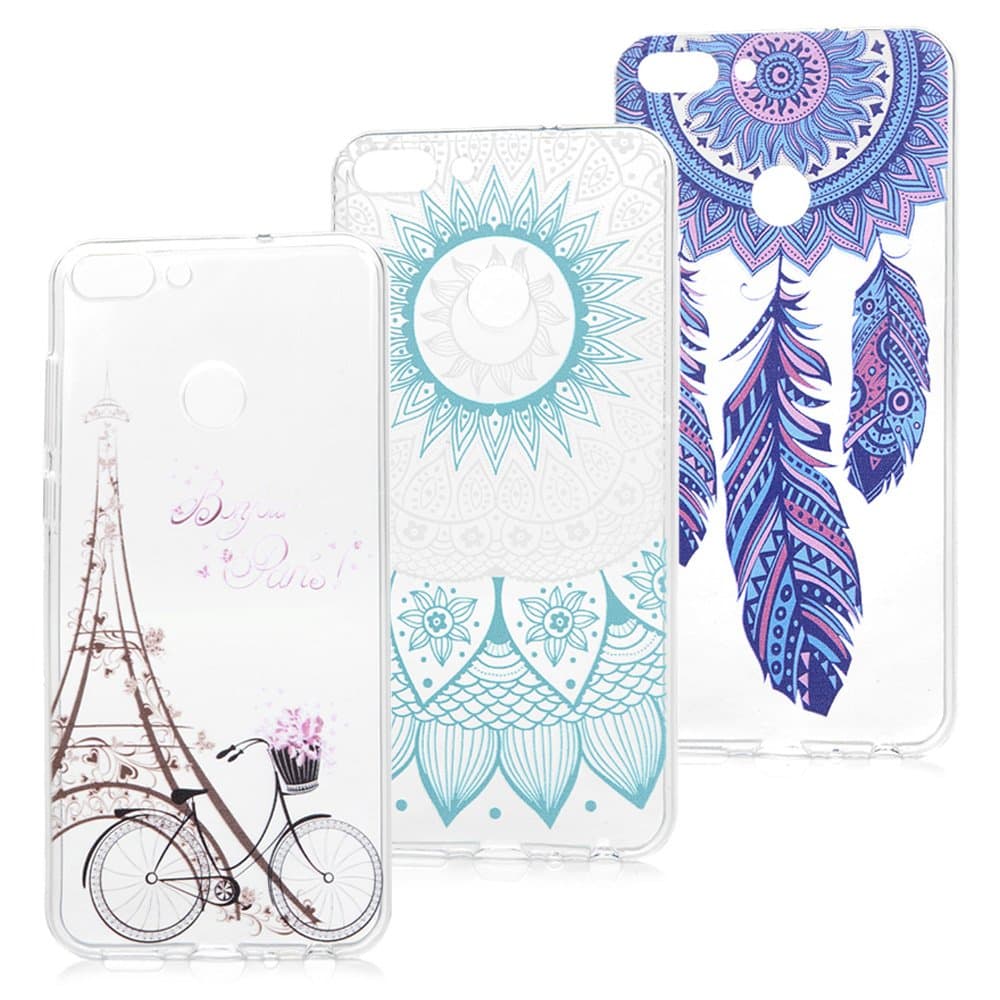 3x Case for Huawei P Smart, Transparent Cover TPU Silicon Rubber Flexible Shockproof Bumper Gel Protective Shell - Tower, Totem, Dream Catcher