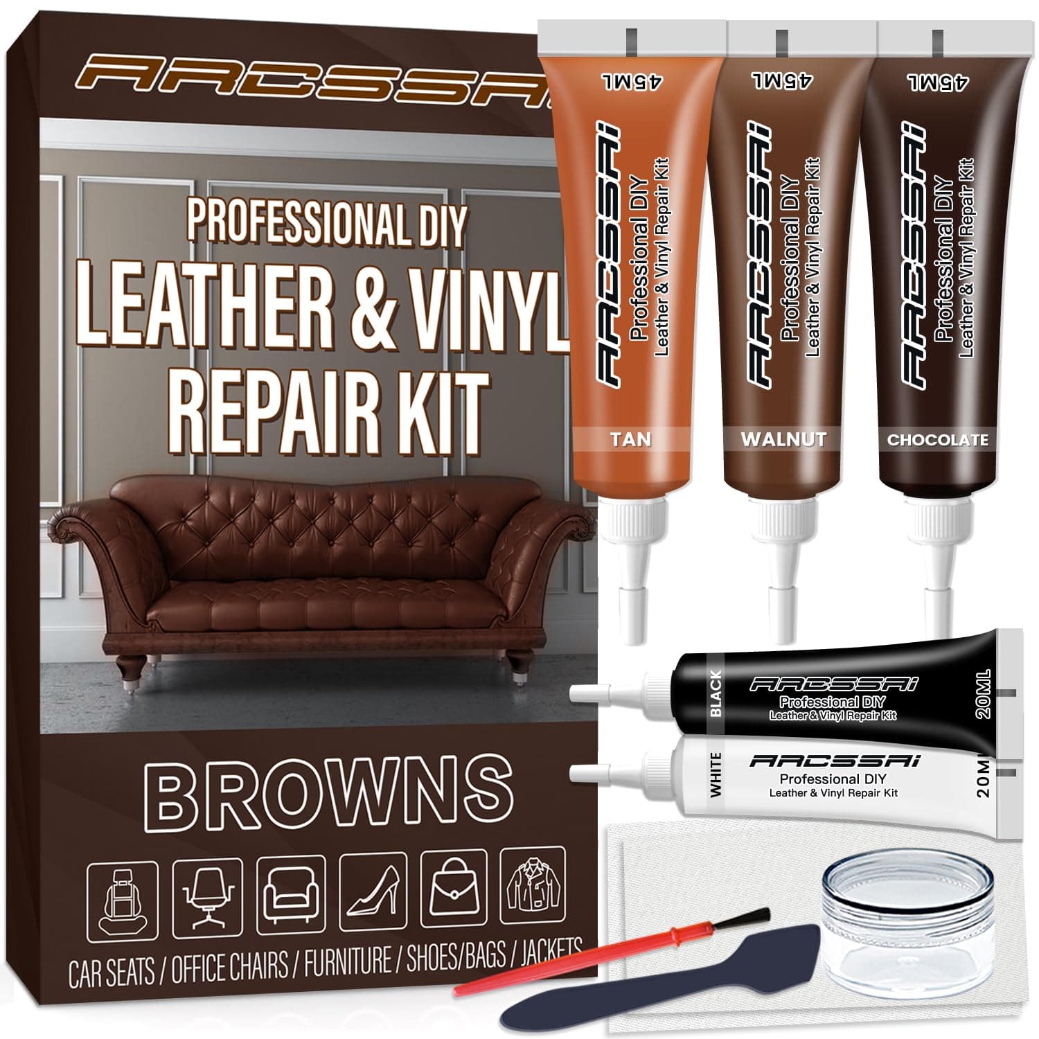 Brown Leather Repair Kits for Couches - Vinyl and Leather Repair Kit -Leather Paint- Leather Scratch, Tears & Burn Holes Repair for Refurbishing Upholstery, Couch, Boat, Car Seats - Leather Dye Brown