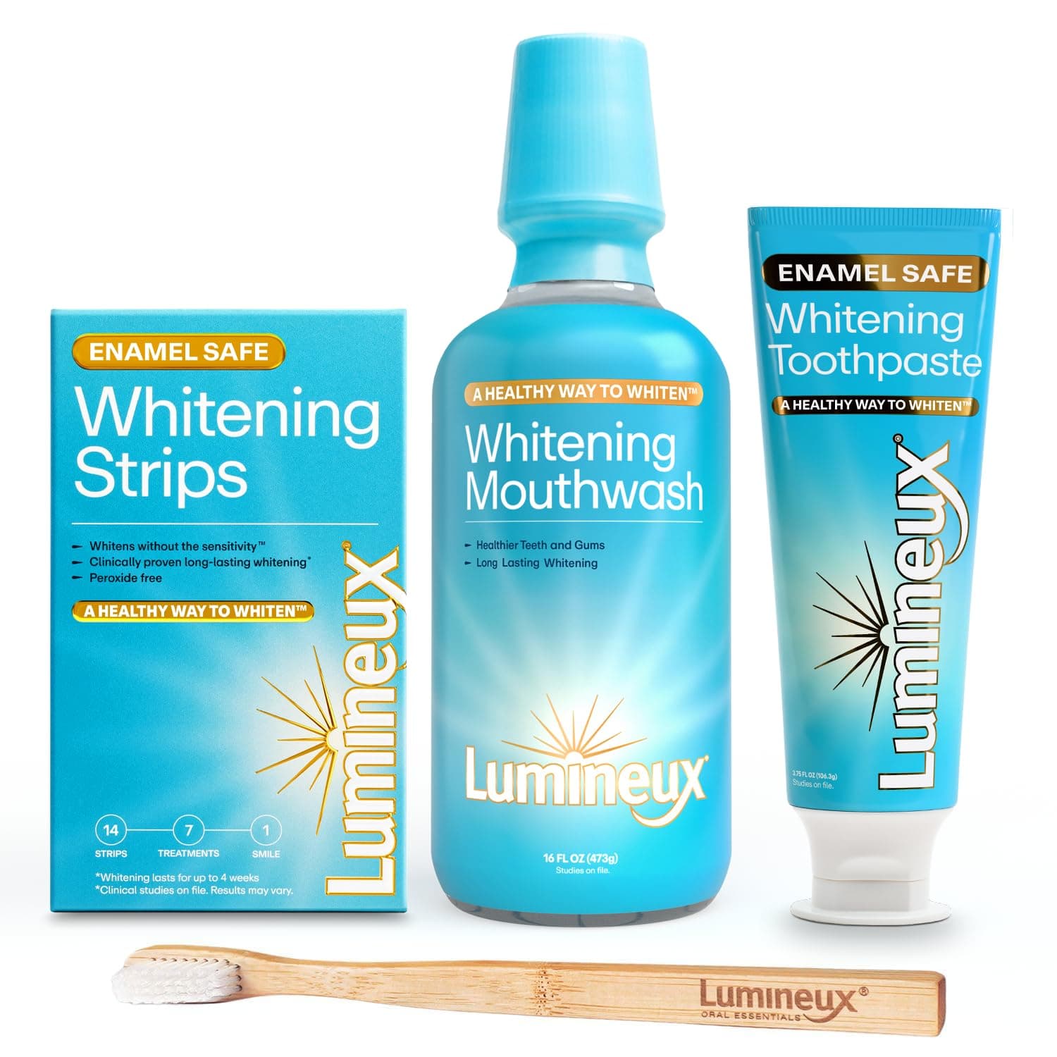 Teeth Whitening Kit - 14 Strips, 7 Treatments, Mouthwash, Toothpaste & Bamboo Toothbrush - Certified Non-Toxic, Fluoride Free