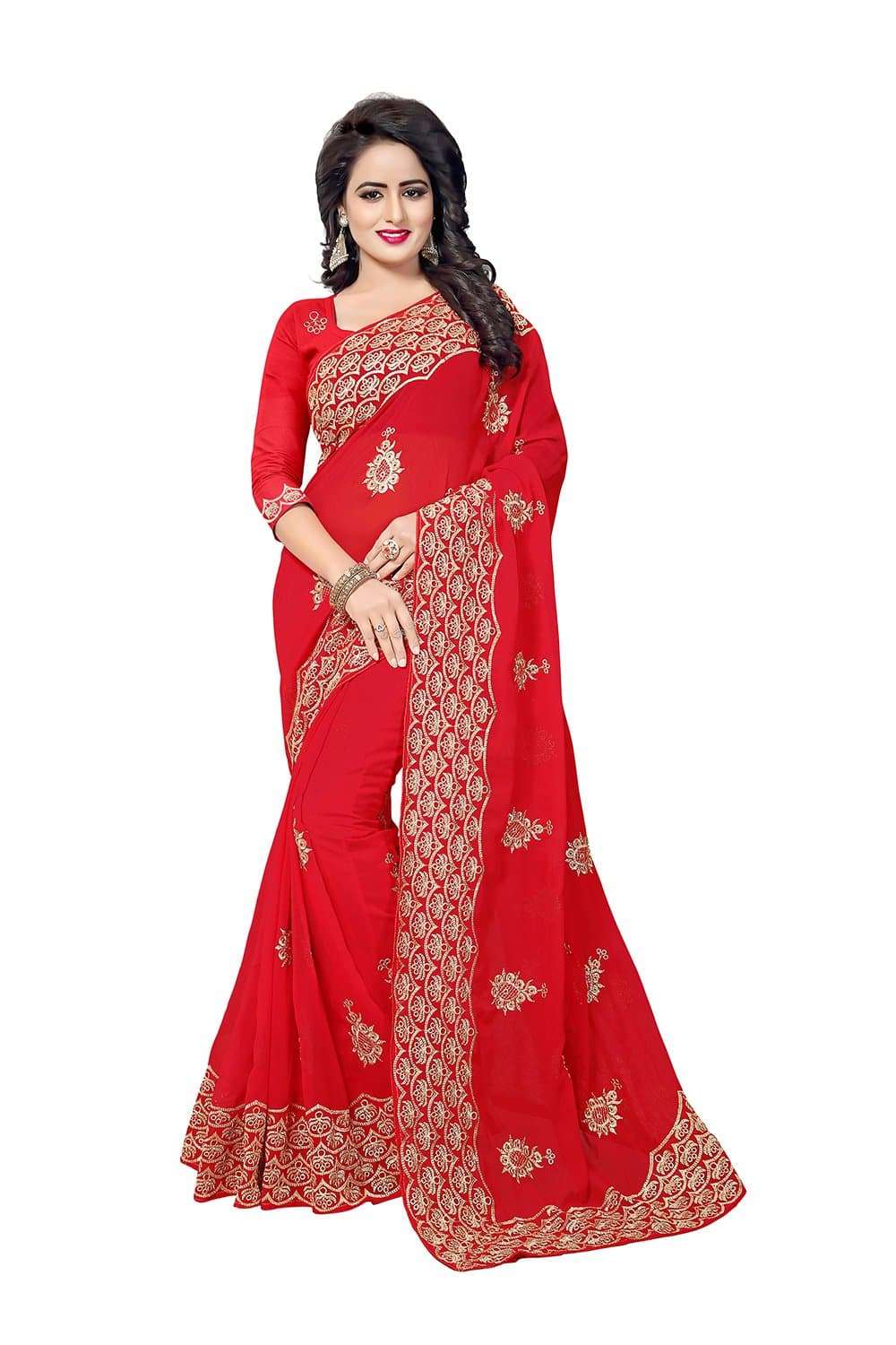 Indian Sarees for Women Party Wear Designer Black Color in Red 60 Gm Georgette