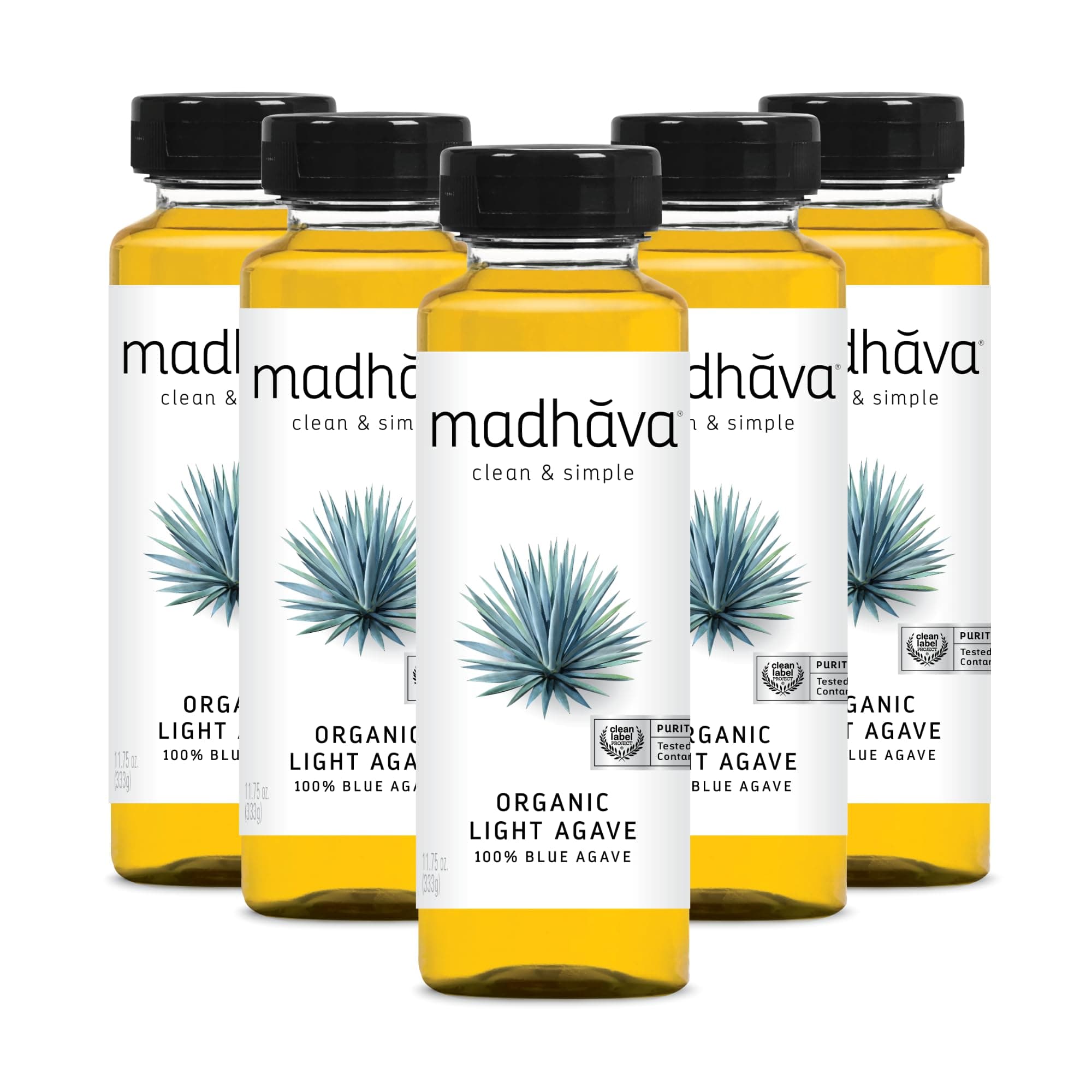 MADHAVA Organic Light Agave | 100% Pure Organic Blue Agave Nectar | Natural Sweetener, Sugar Alternative | Vegan | Organic | Non GMO | Liquid Sweetener , 11.75 oz. Bottle (Pack of 6)