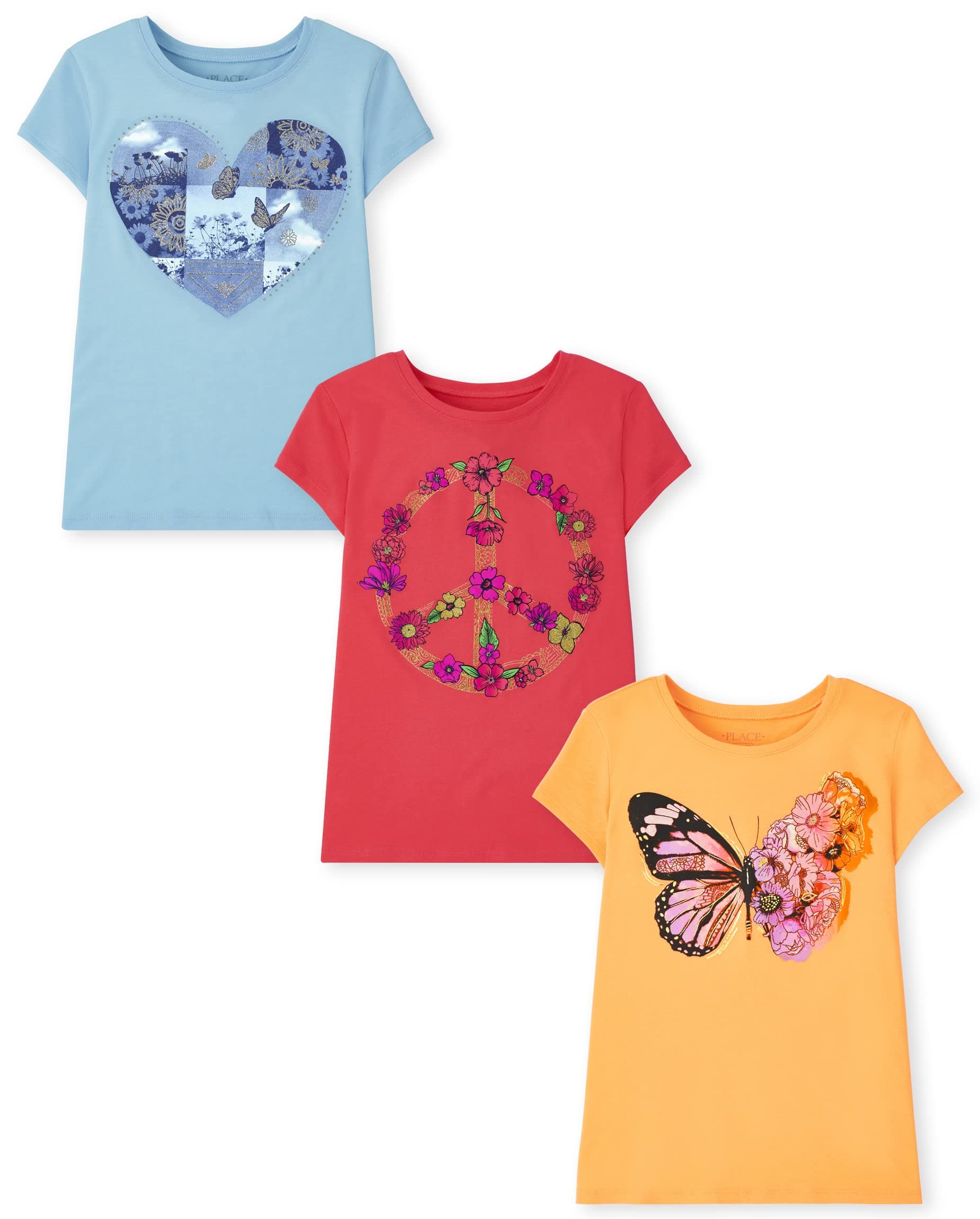 Girls' Unicorns,Butterfly Short Sleeve Graphic T-Shirts,3 Pack