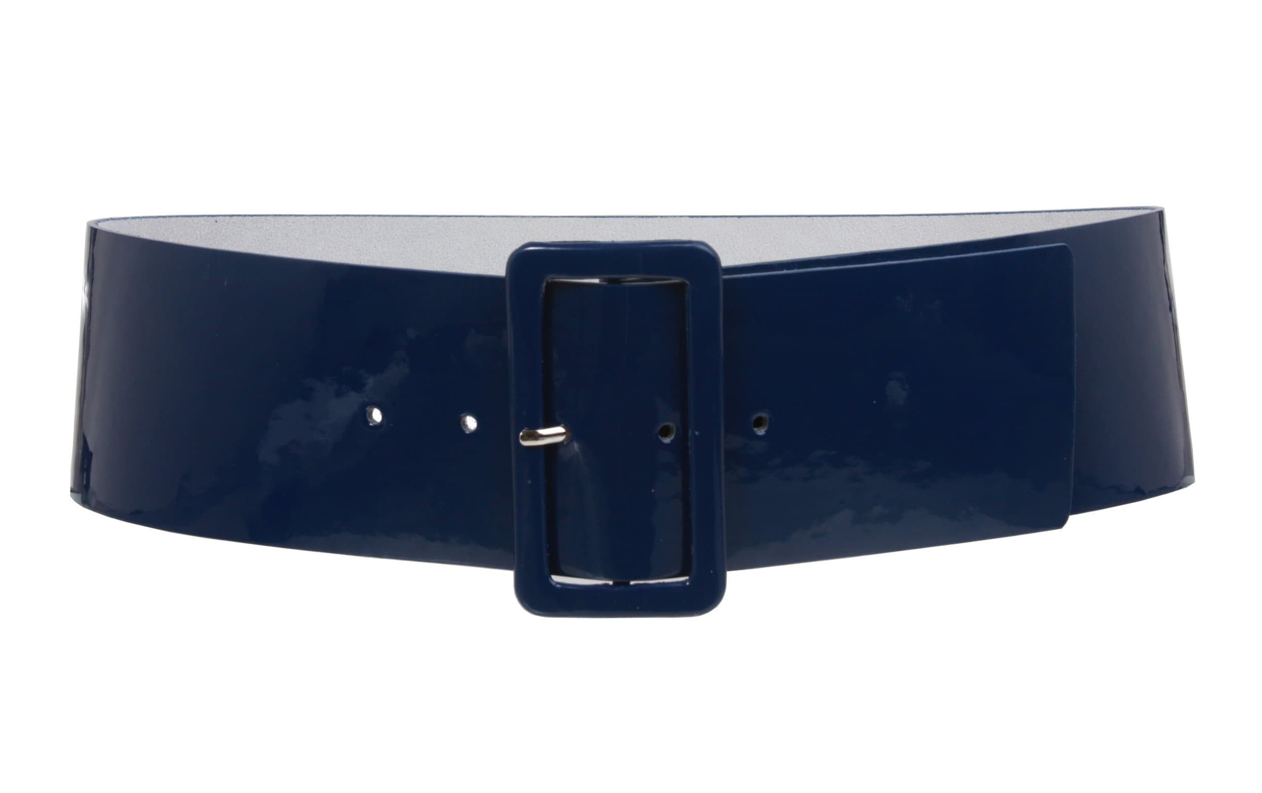 Ladies High Waist Patent Leather Wide Fashion Square Belt Color: Navy Blue Size: S/M - 32