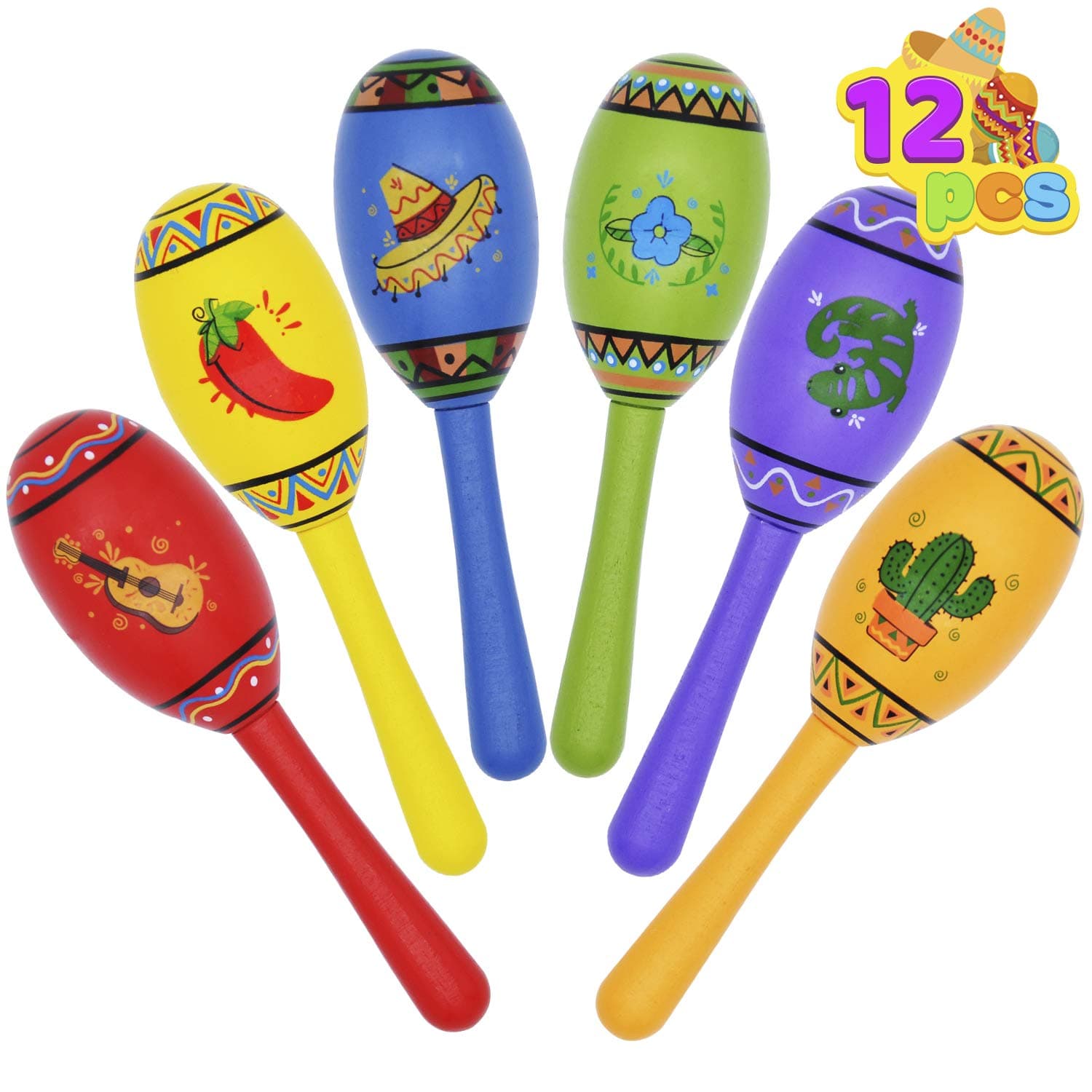 JOYIN 12 Mini Wooden Fiesta Maracas 6 Designs Noisemaker for Mexican Fiesta, ...