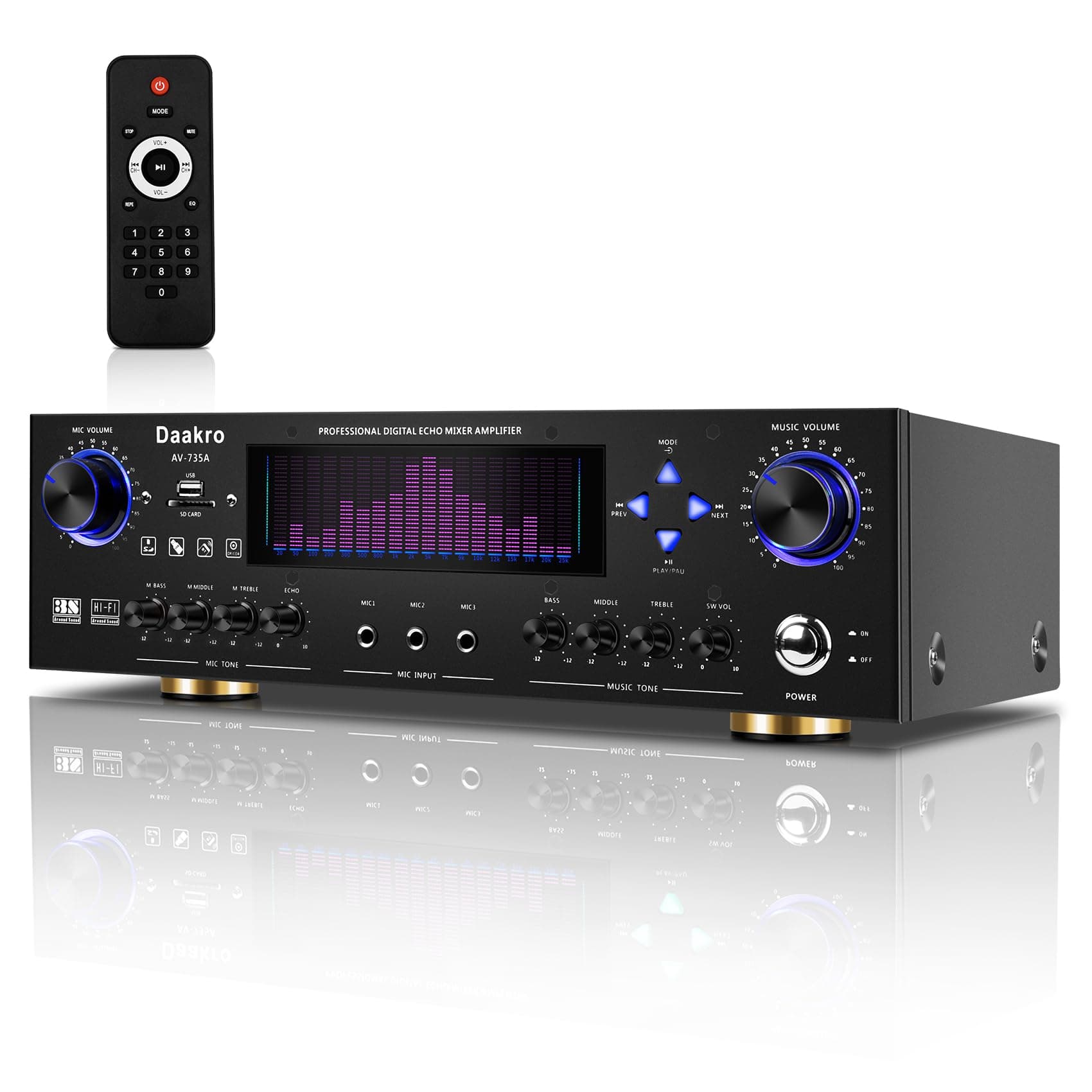 Daakro AV-735A Wireless Home Audio Amplifier System,Digital Stereo Receiver System,5.1 Channel 600W Power Home Theater Stereo Receiver with 3 Mic in Echo,USB, SD, RCA, LED,Opt,Coax for Home/Studio