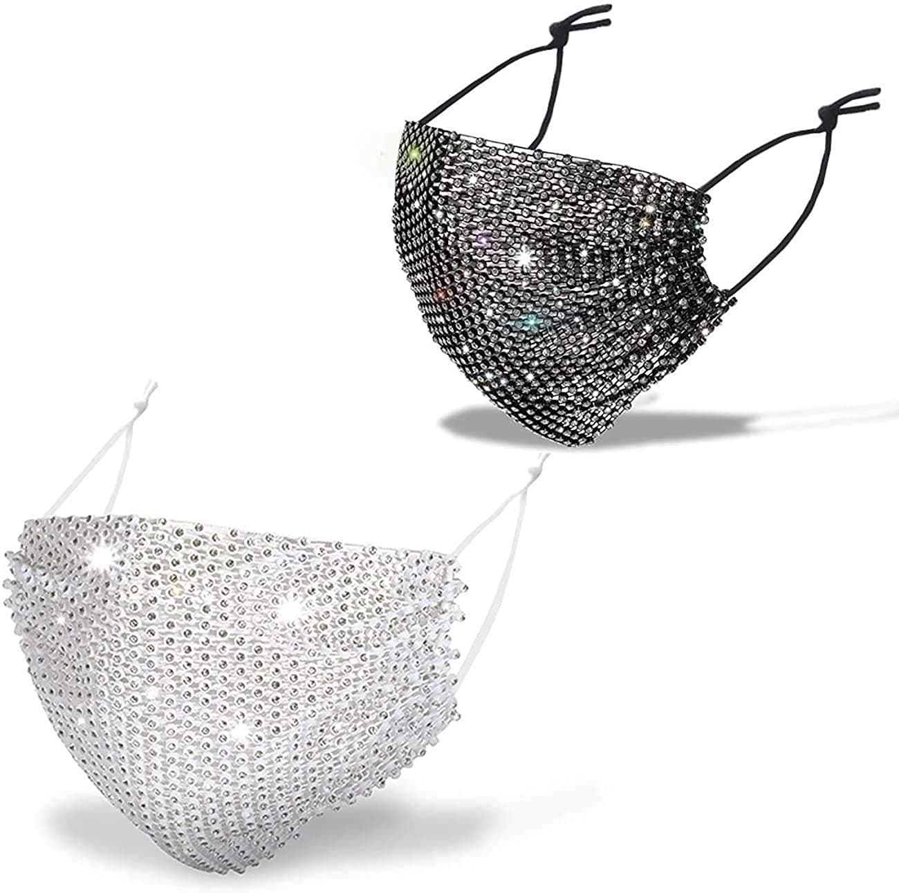 Kyerivs Sparkly Rhinestones Mesh Designer Cover, Women Chain Crystal Masquerade Face Cover, Halloween Party Ball Party Nightclub Face Necklace for Women and Girls(Black&White)