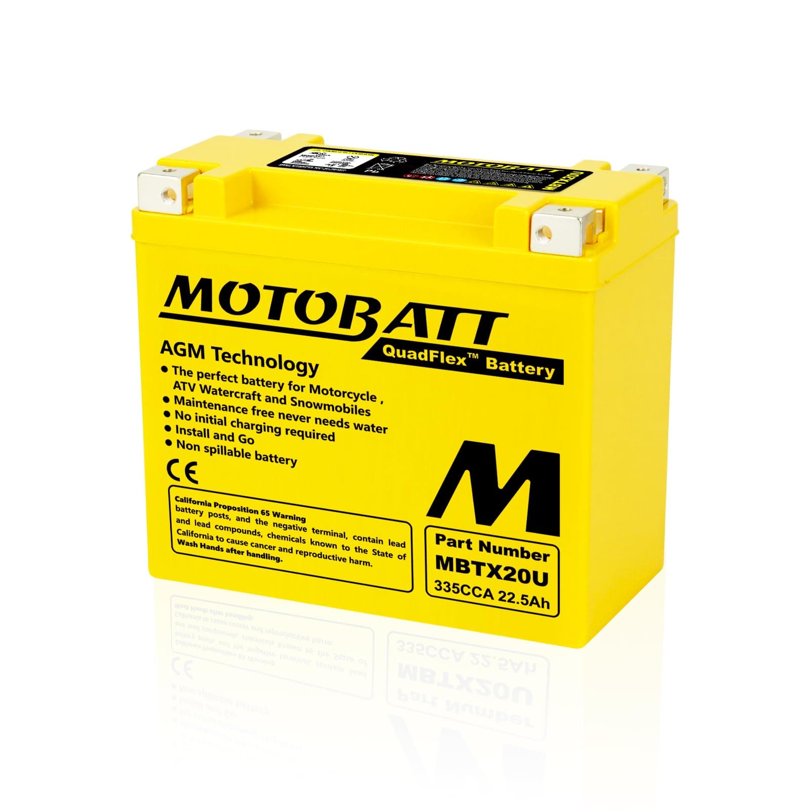 MotoBatt MBTX20U (12V 22.5 Amp) 335 CCA Factory Activated Maintenance Free QuadFlex AGM Battery
