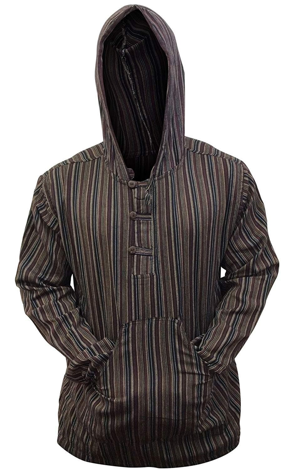 SHOPOHOLIC FASHION Mens Striped Hooded Grandad Shirt