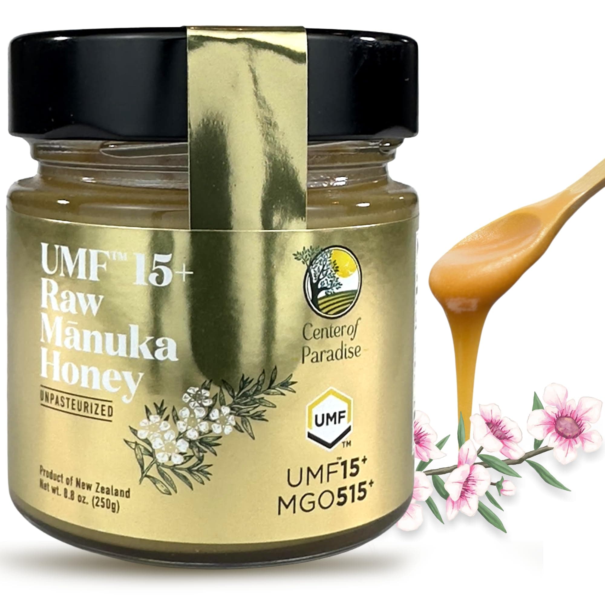 Center of Paradise Raw Manuka Honey Certified UMF 15+ | MGO 515+ (250g / 8.8oz) Glass Jar - Pure & Natural New Zealand Honey for Daily Immune Support and Wellness - Non GMO & Unpasteurized