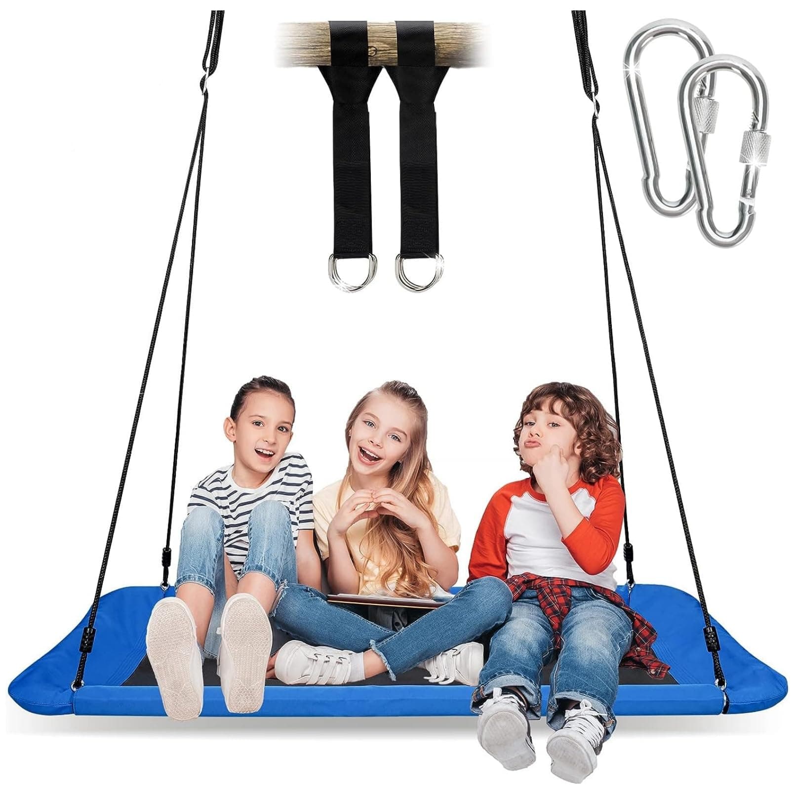 AM ANNA 550lb Giant Platform Swing for Kids Adults with 2 Hanging Straps, Flying Saucer Tree Swing Set for Backyard Outdoor Indoor, Steel Frame, Waterproof, Adjustable Swivel Ropes (Blue)