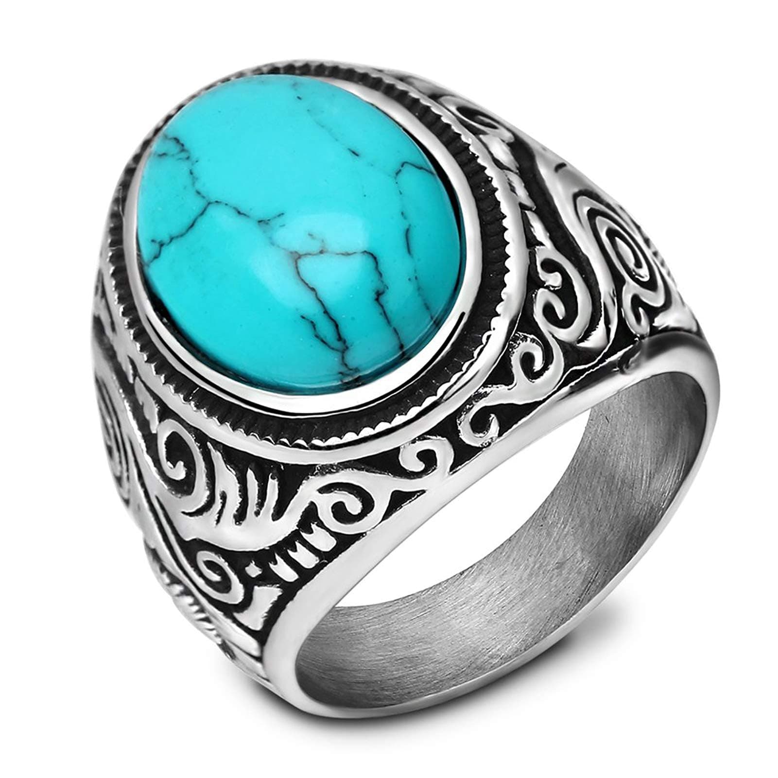 Retro Vintage Stone Rings for Men Turquoise Rings Stainless Steel Signet Biker Band