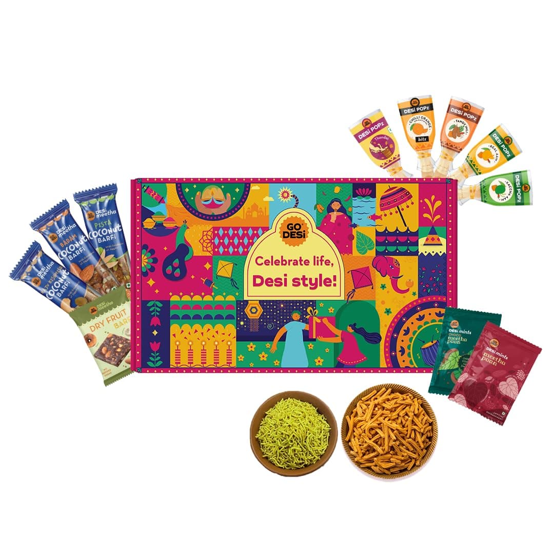 GO DESi Gift Hamper, Permium Gourmet Gift Box with Desi Popz, Thandai Popz, Sweets and Snacks, Gifts For Family and Friends, Festival Gifting