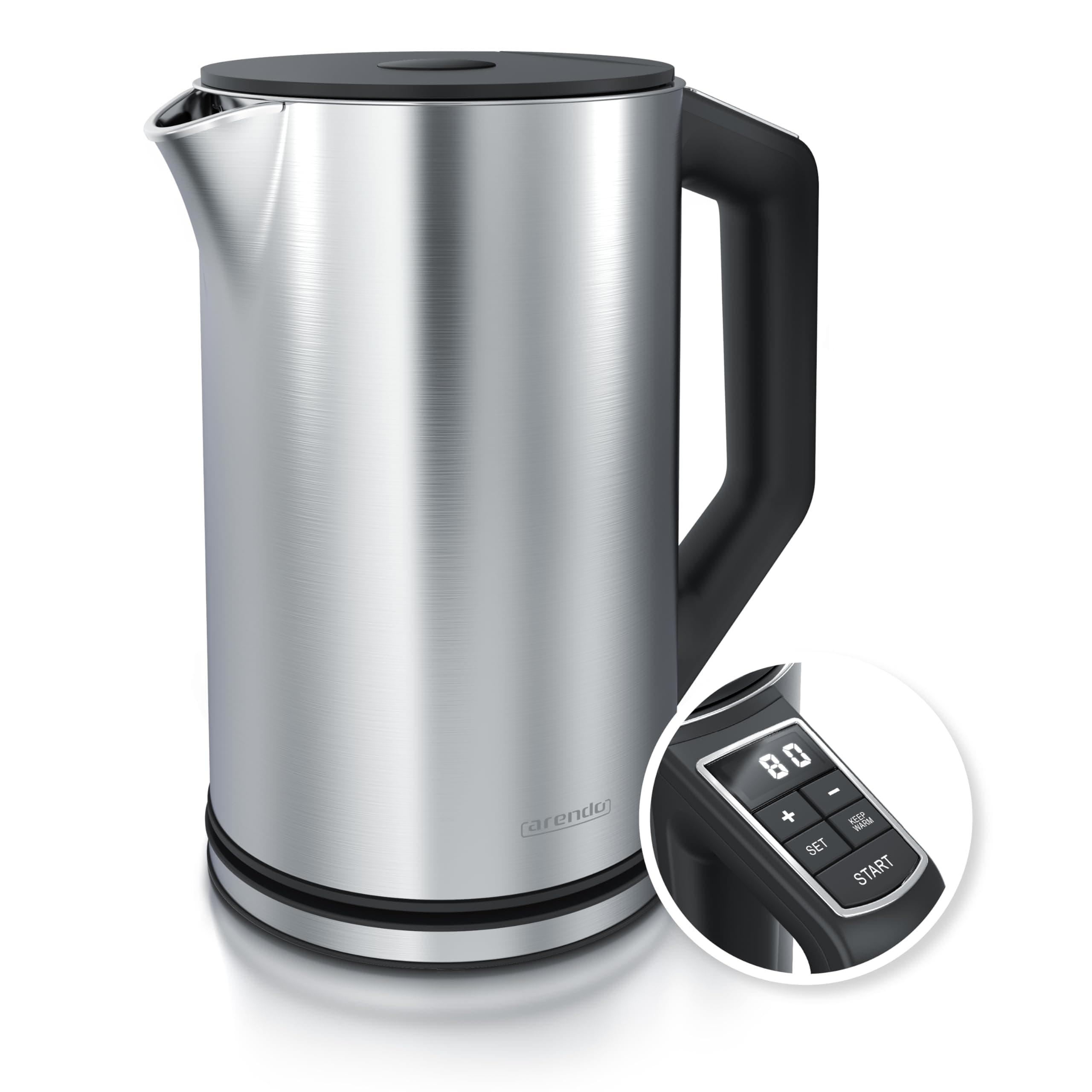 Arendo - Electric Kettle 1.5 L Cordless 2200W, Energy Saving, Temperature Control 40°C - 100°C, Keep Warm, BPA free No Plastic, Fast Boil Auto Shut-Off, Silver Brushed Stainless Steel