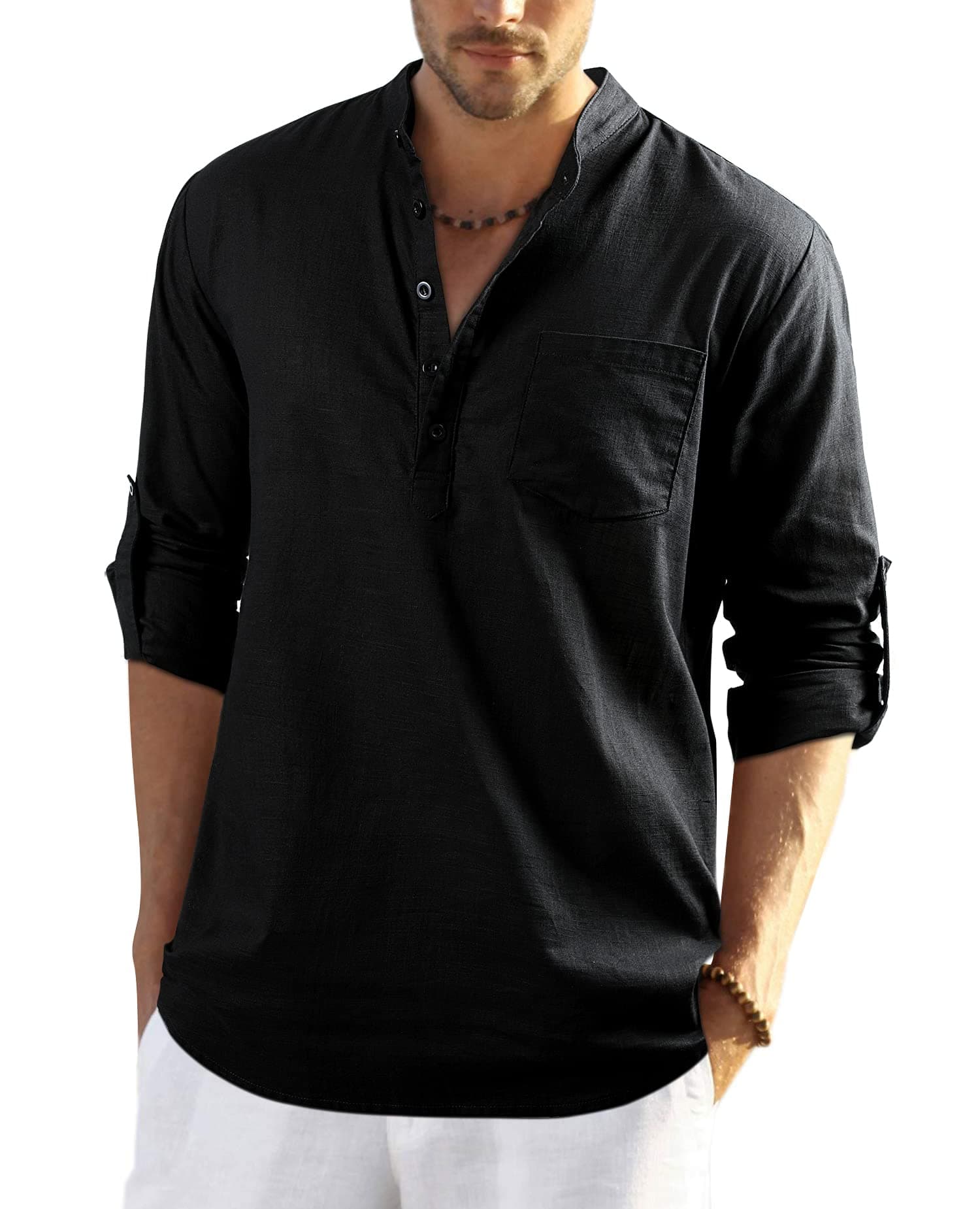 Mens Casual Cotton Linen Shirt Long Sleeve Button Down Summer Lightweight Henley Shirt Tops