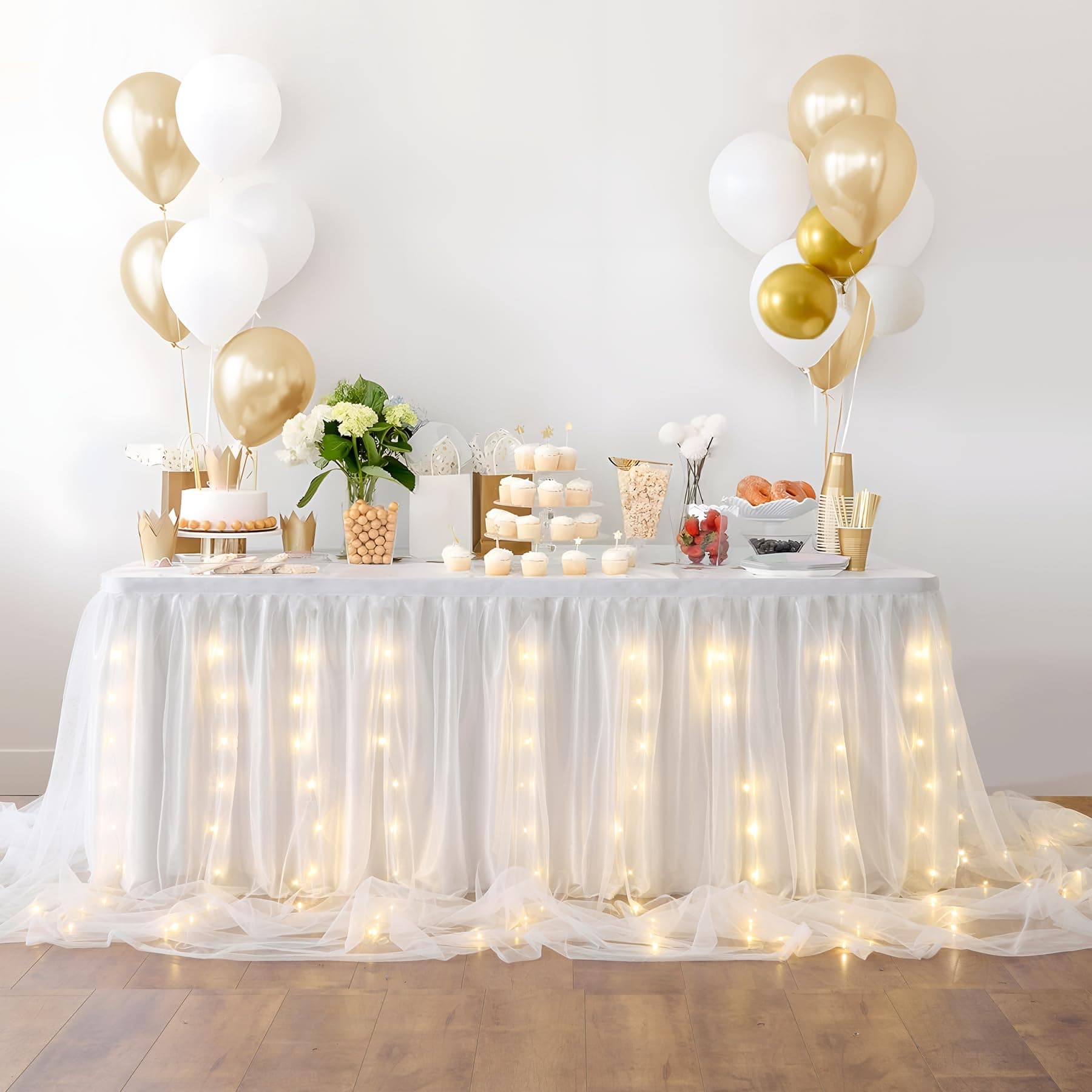 White Tulle Table Skirt for Baby Shower,9FT White Ruffle Tutu Table Skirt with LED Light for Wedding Bridal Shower Baby Shower Baptism Birthday Party Banquet Decoration