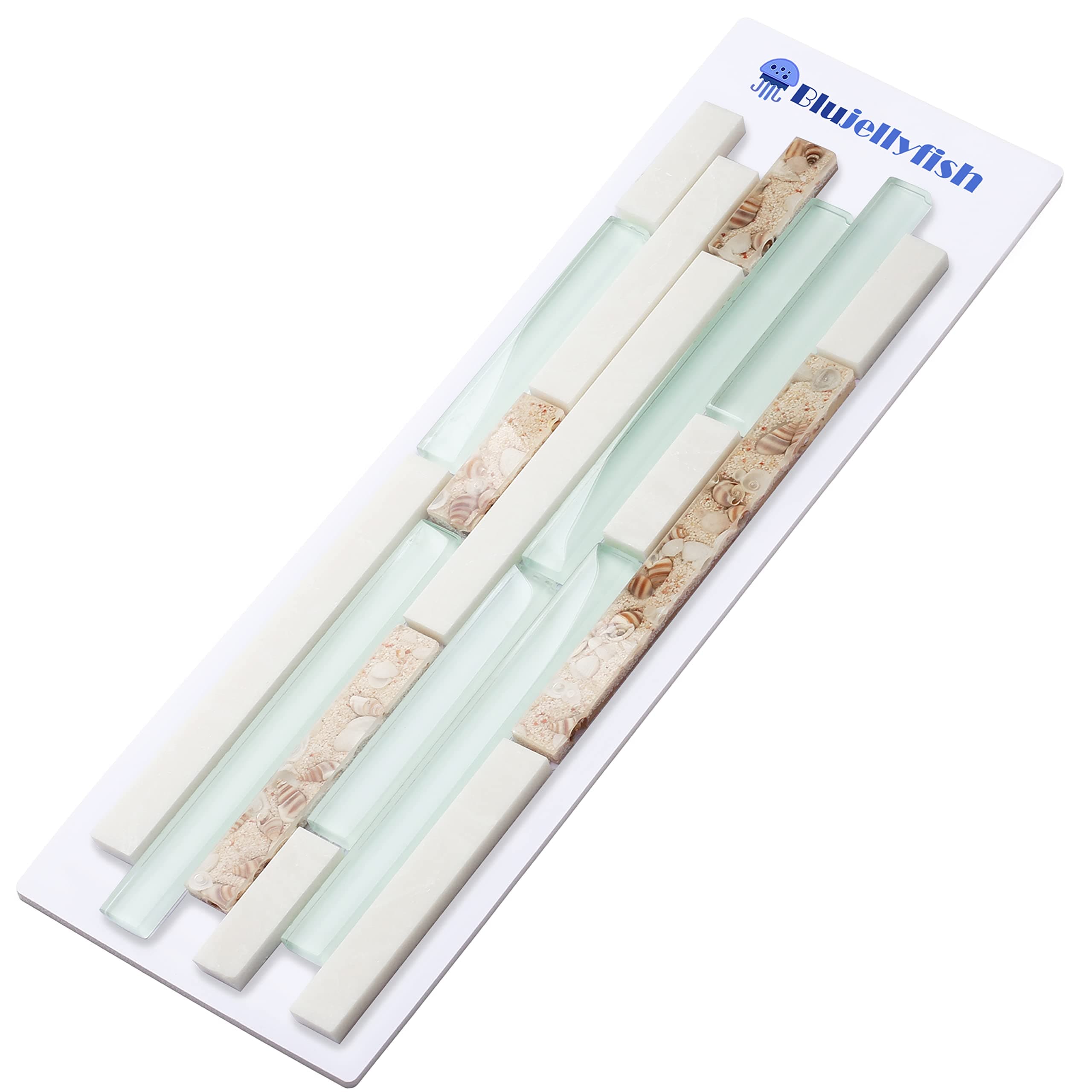 Beach Style Glass Tile Mother of Pearl Shell Resin Kitchen Backsplash Green Lake White Stone Interlocking Art Tile TSTMGT084 (1 Sample 4x12 Inches)