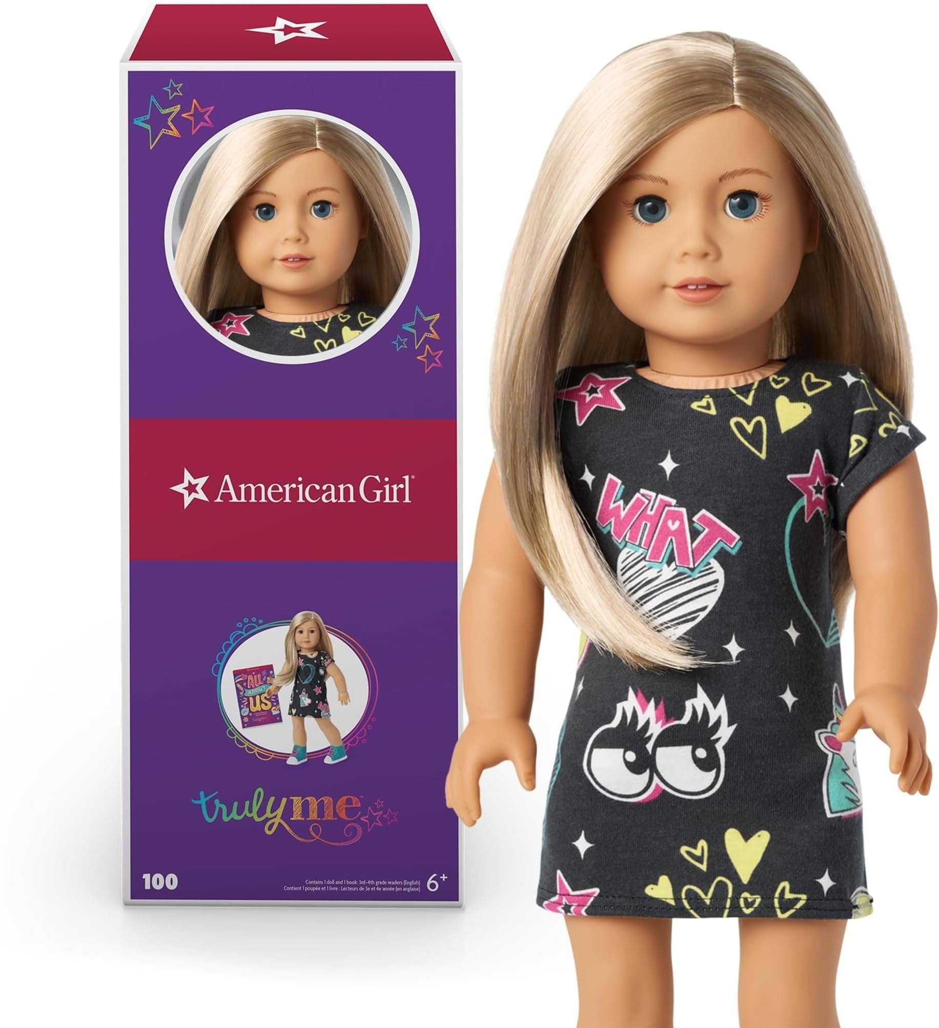 Truly Me 18-inch Doll #100 with Blue Eyes, Blonde Hair, Lt-to-Med Skin, Printed T-shirt Dress, For Ages 6+