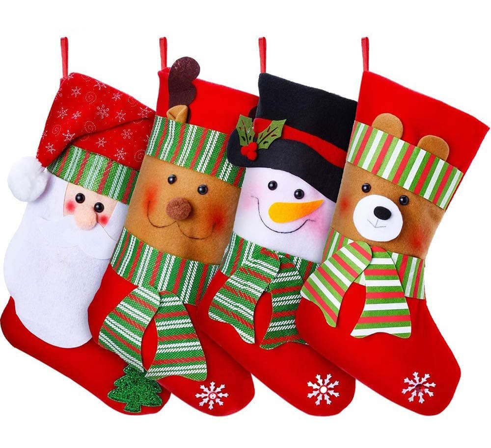 YQing Christmas Stockings, 15" Large Size Xmas Stockings 4 Christmas Socks with Christmas Snowman Santa Reindeer Bear Decoration Christmas Stockings Set Gift & Candy Pouch Bag Ornaments