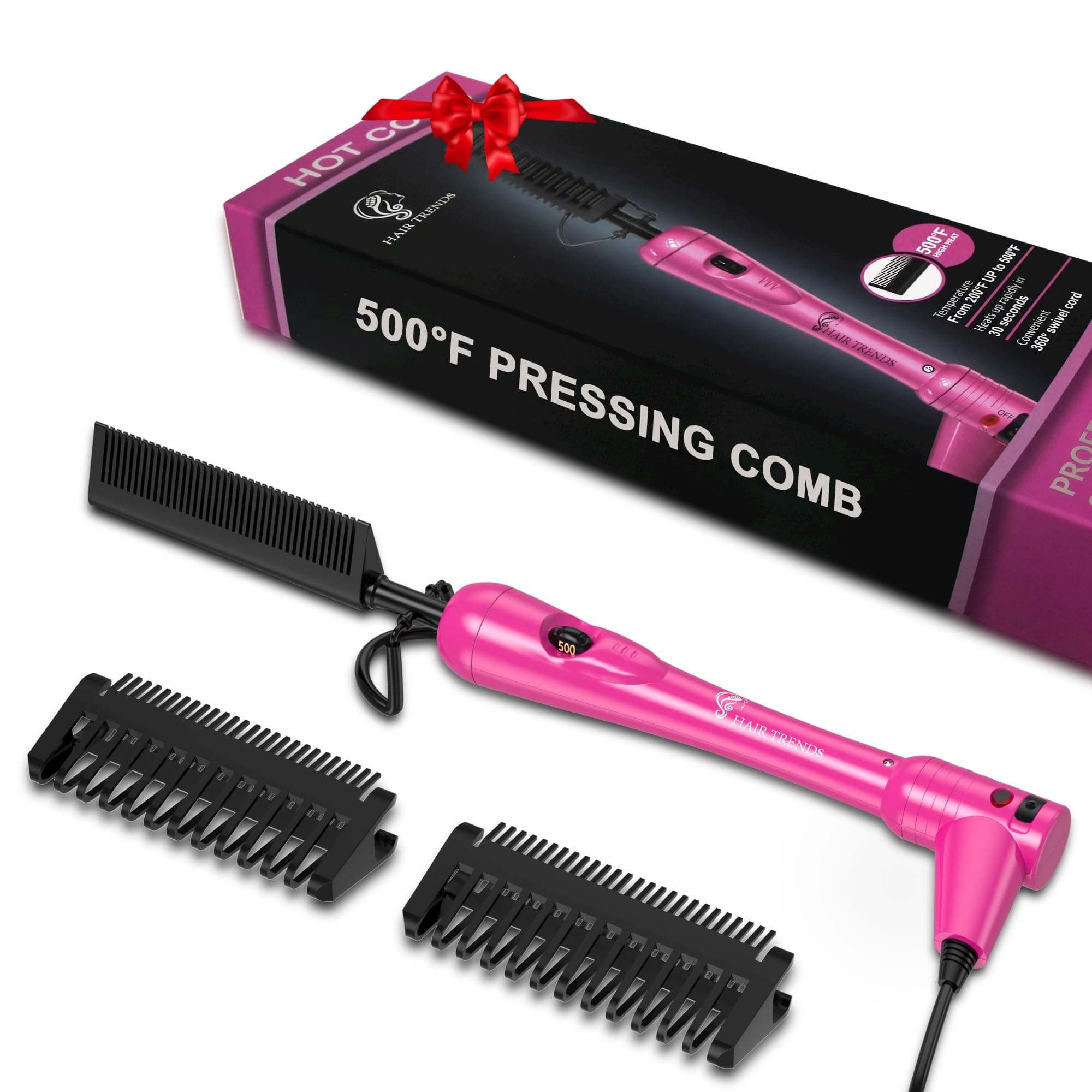 Mini Pink Hot Comb 500 Degree, Dual Voltage Electric Pressing Comb for Black Hair, Portable Ceramic Straightening Comb, Anti-Scald Plug in Hot Comb Straightener for Wigs, 4C Hair & Beard