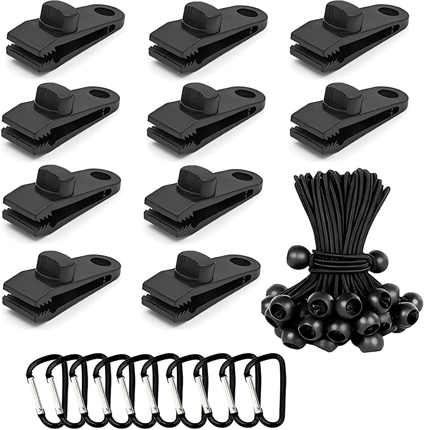 30-Piece Heavy Duty Camping Kit - Tarp Clips, Bungee Cords & Carabiners for Outdoor, Caravan, Tent Accessories (10 Clips +10 Cords +10 Carabiners)