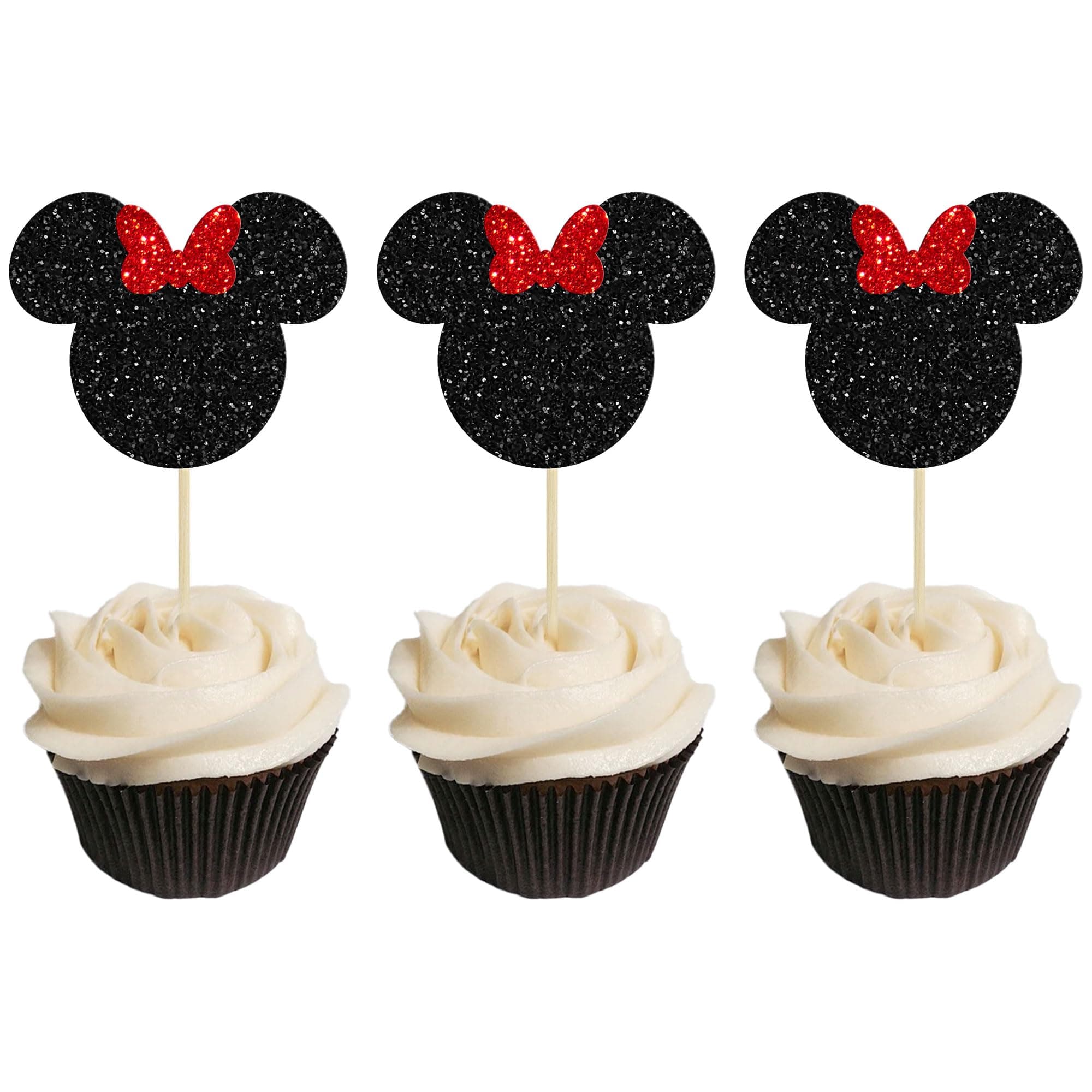 Gyufise 36 Pack Black and Red Glitter Mouse Inspired Cupcake Toppers with Bow Mouse Cake Decorations for Baby Shower Wedding Kids Baby Birthday Party Supplies