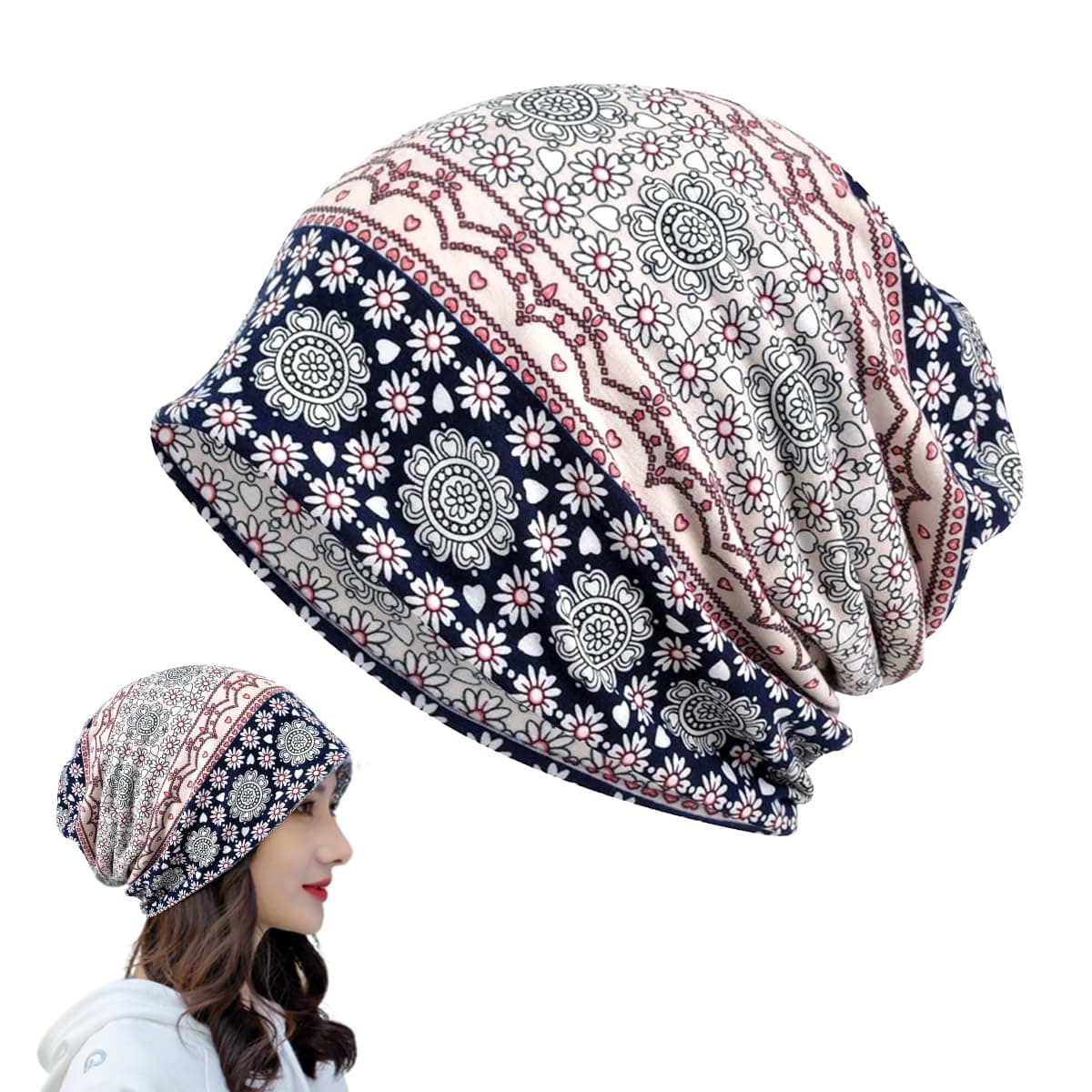 PALAY® Hijab Caps for Women, Floral Print Chemo Cap Slouchy Beanie Cap for Women, Fashion Skull Dwarf Hats Head Scarf for Women, Soft Stretch Running Head Scarves for Teen Girls - All Season Use