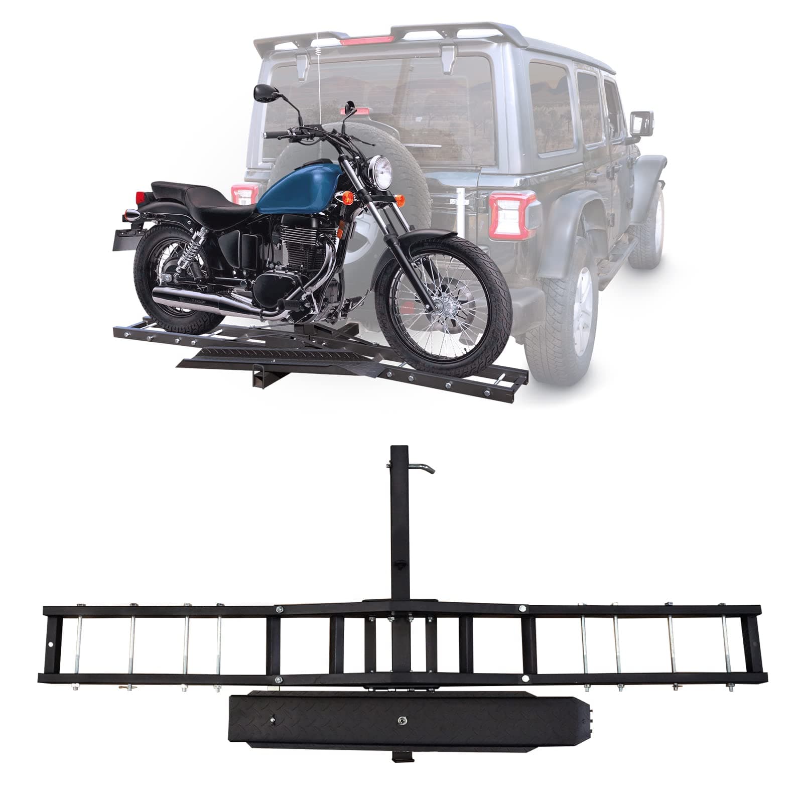 500LBS Motorcycle Trailer Hitch Mount, Motorcycle Carrier Dirt Bike Hitch Hauler with Loading Ramp Heavy Duty Steel Motorcycle Rack for Hitch