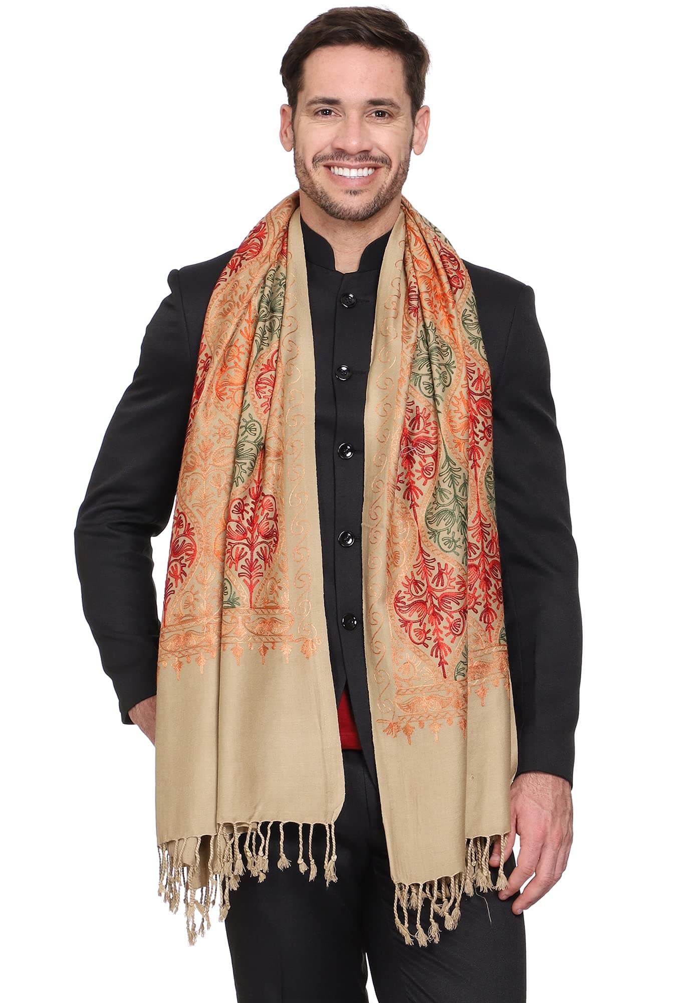 Weavers VillaMen's Matka Embroided Cashmilon Gents Shawls Stoles Muffler for Men [ " X 80"] Beige, M