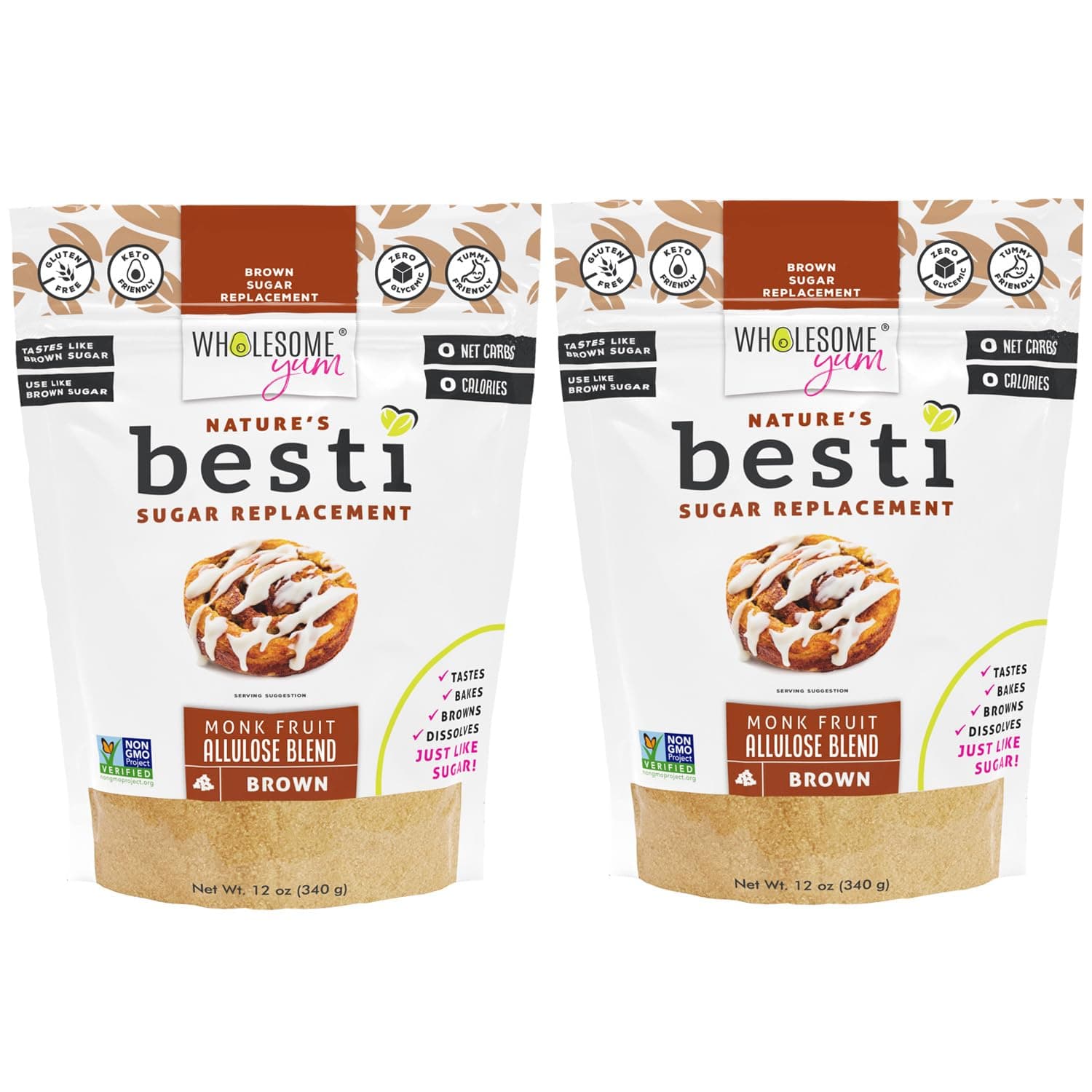 Besti Natural Brown Sugar Substitute - Keto Brown Monk Fruit Sweetener Blend With Allulose (No Erythritol) - Non GMO, Zero Carb, Zero Calorie, Sugar Free, No Aftertaste (12 oz, 2 Pack)