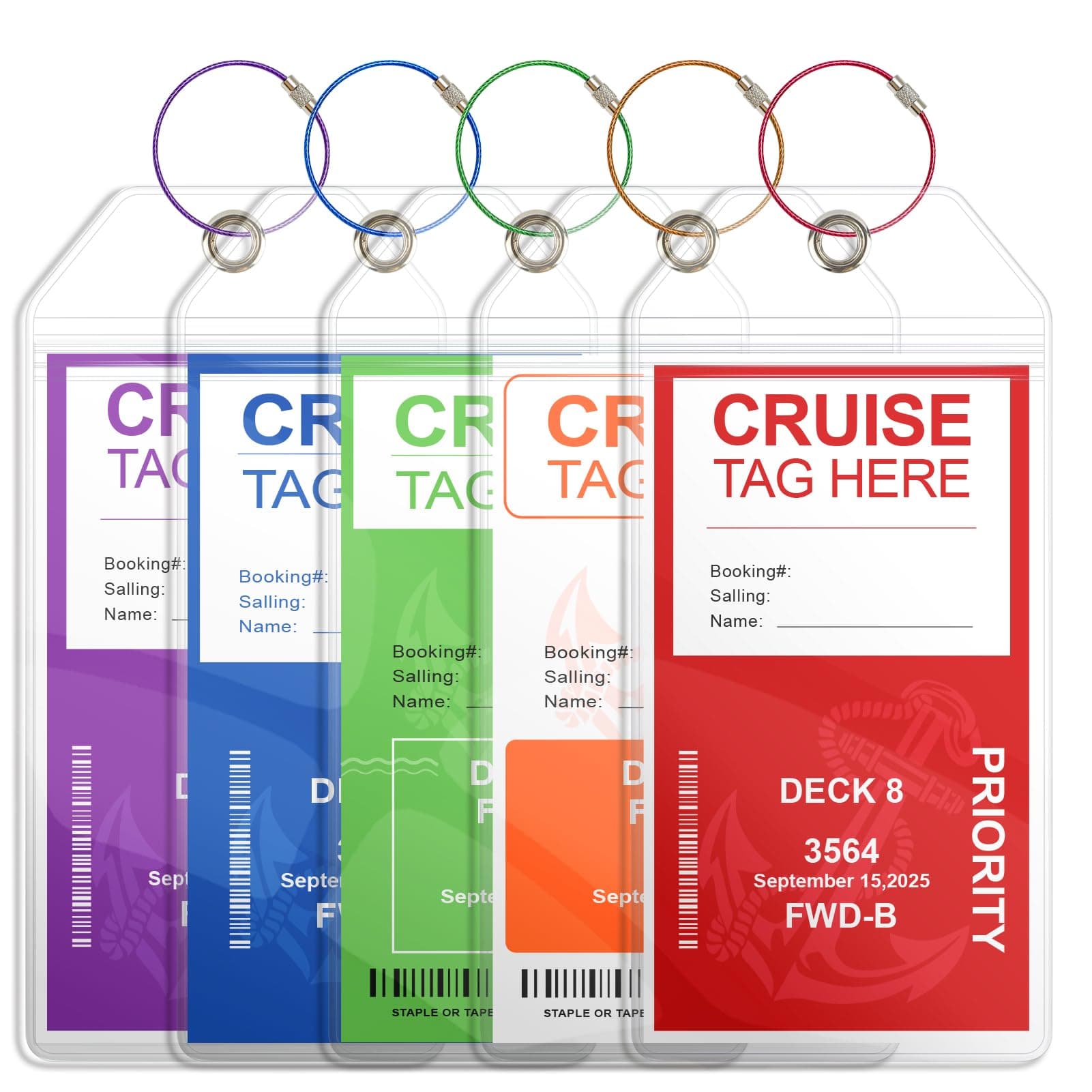 Meedo Cruise Luggage Tag Holders, 5 Pack Clear Tags with Zip Seal & Steel Loops, Fits Carnival, Princess, Norwegian, MSC Ships