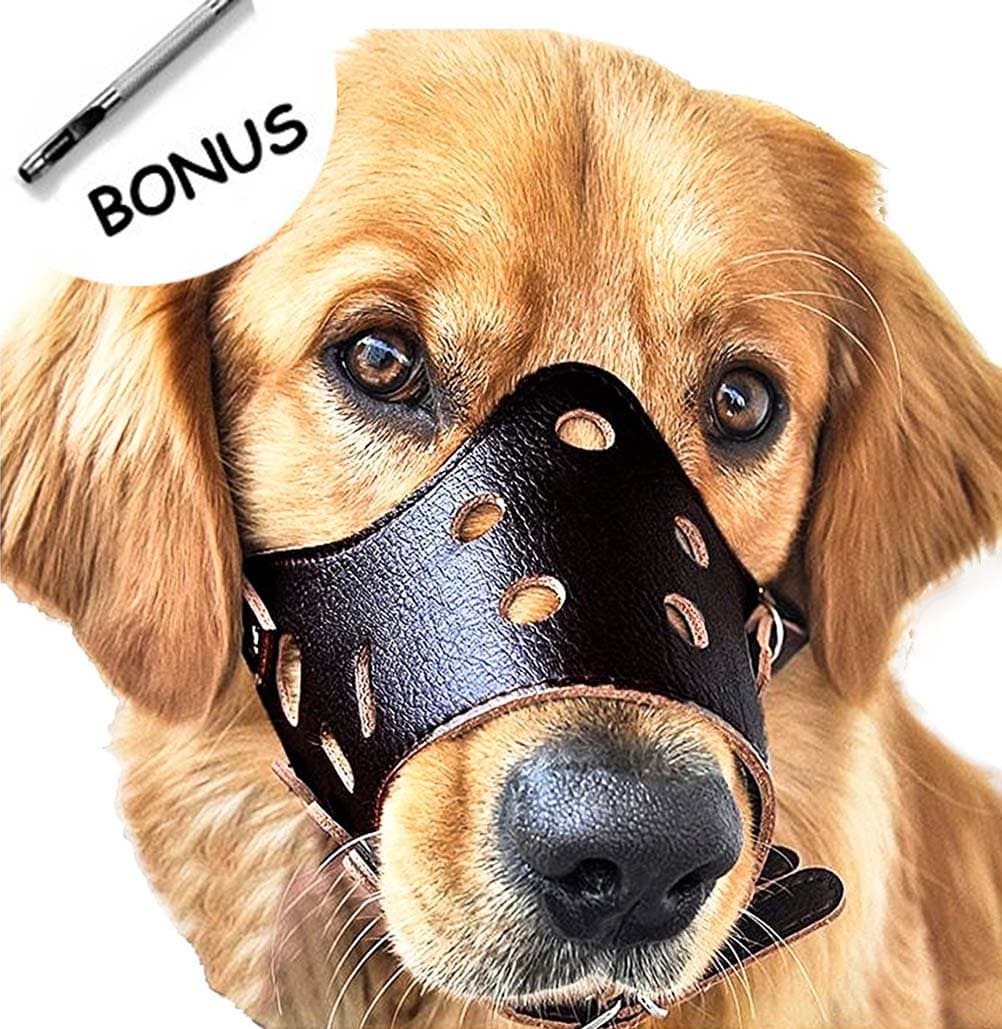 Adjustable Anti-biting Dog Leather Muzzle, Breathable Safety Pet Puppy Muzzles Mask for Biting and Barking (stop dogs from biting, barking, and chewing) (XL, Black)