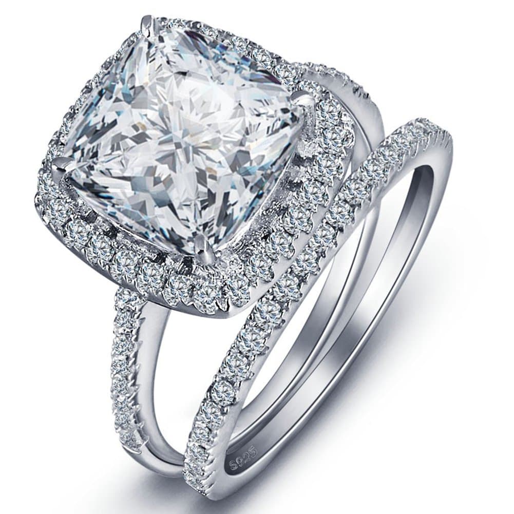 TIVANIWomen's 2PCS Pretty 18K White Gold Plated Princess Cut CZ Bridal Engagement Wedding Band Set Best Anniversary Promise Rings for Her Eternity Love Collection Jewelry Heart Arrow Rings