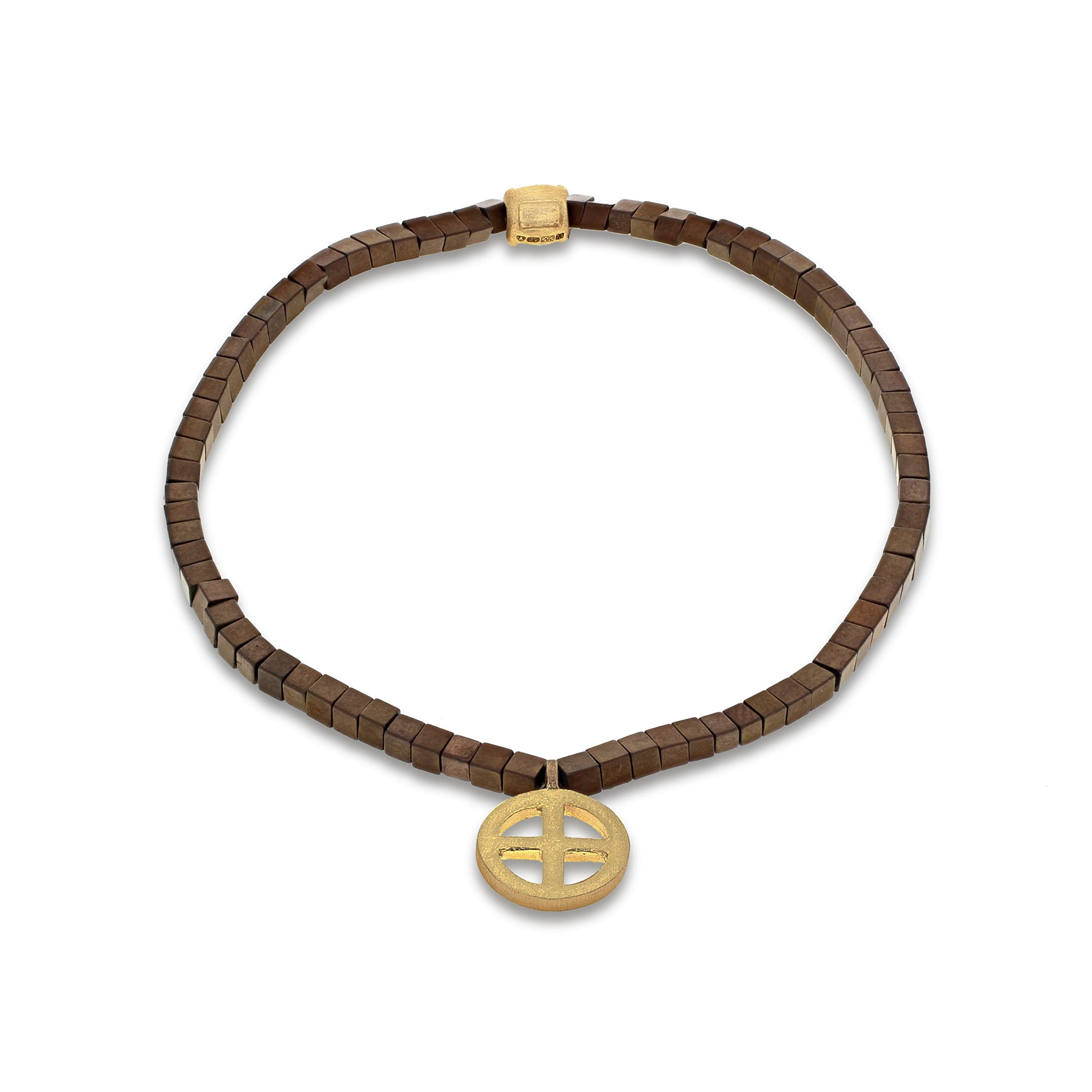 LUIS MORAIS Men's 14ct Yellow Gold Small Hanging Sun Cross and Striped Brown Beads Bracelet of Length 19.05-28.8cm
