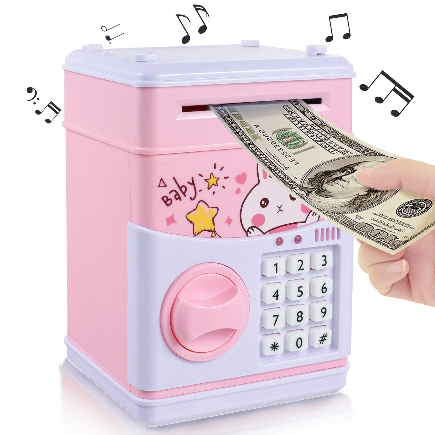 APUPPY Electronic Piggy Bank Mini ATM Password Money Bank Safe Locks Saving Box Panda Traveling Case Smart Voice & Music Prompt Money Piggy Box for Children/Toy Gifts Birthday Gifts (Pink Rabbit)