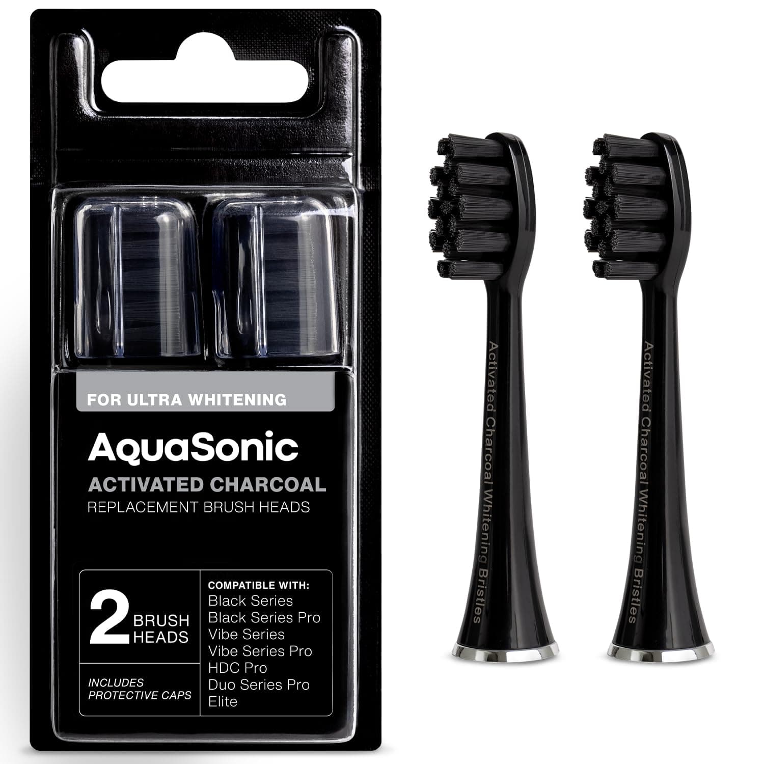 AquaSonic Genuine 2-Pack Activated Charcoal Brush Heads - Ultra Whitening Brush Heads - 2X Whitening & Stain Remover - for Black Series & Pro, Vibe Series, Duo Pro Series (Black)