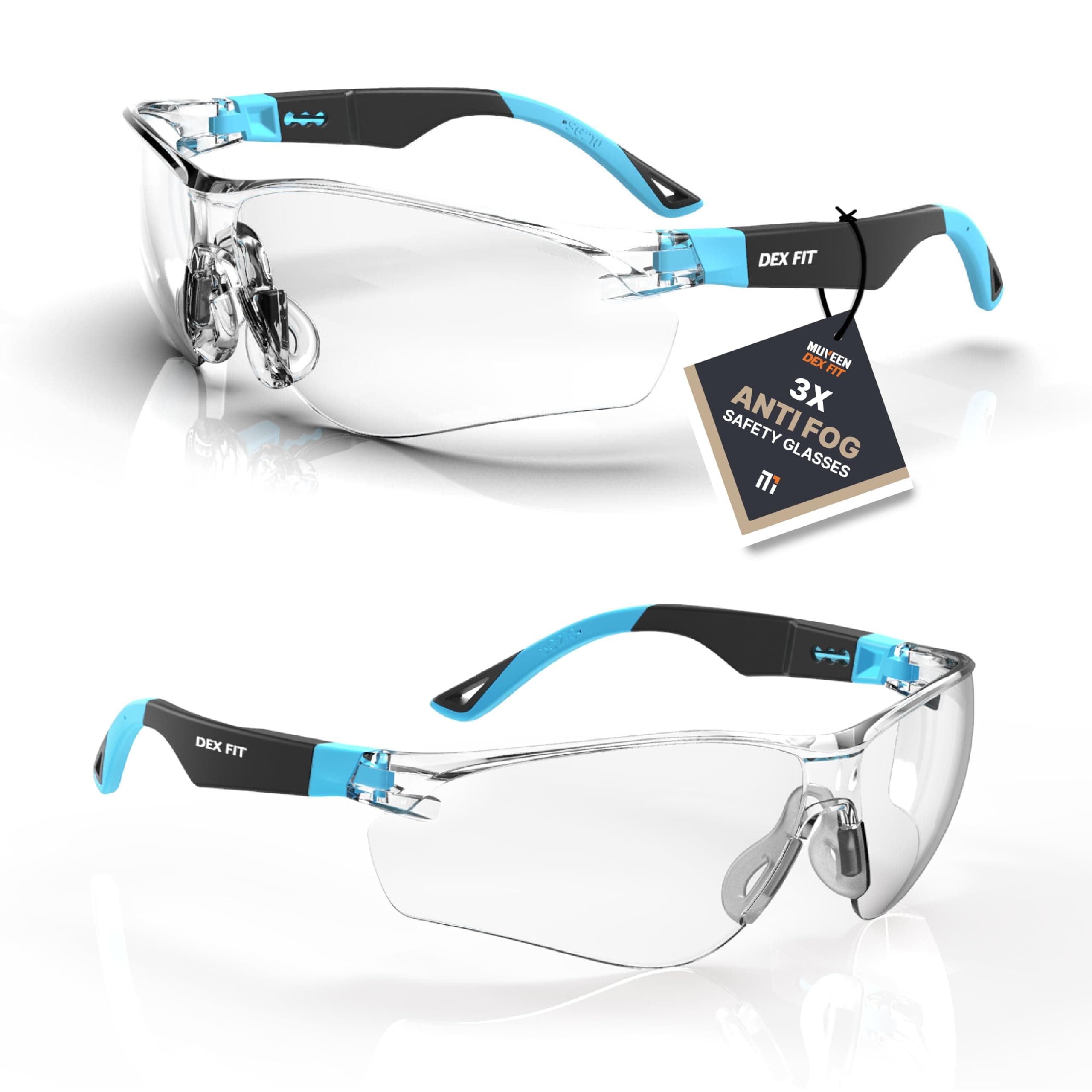 DEX FIT Safety Glasses SG210N - Anti-Fog & Scratch Resistant Z87.1 Eye Protection, Adjustable Temples & Non-Slip Grip, UV385 Blocking Clear Lens for Construction, Lab & Medical; Black & Blue, 1 PC