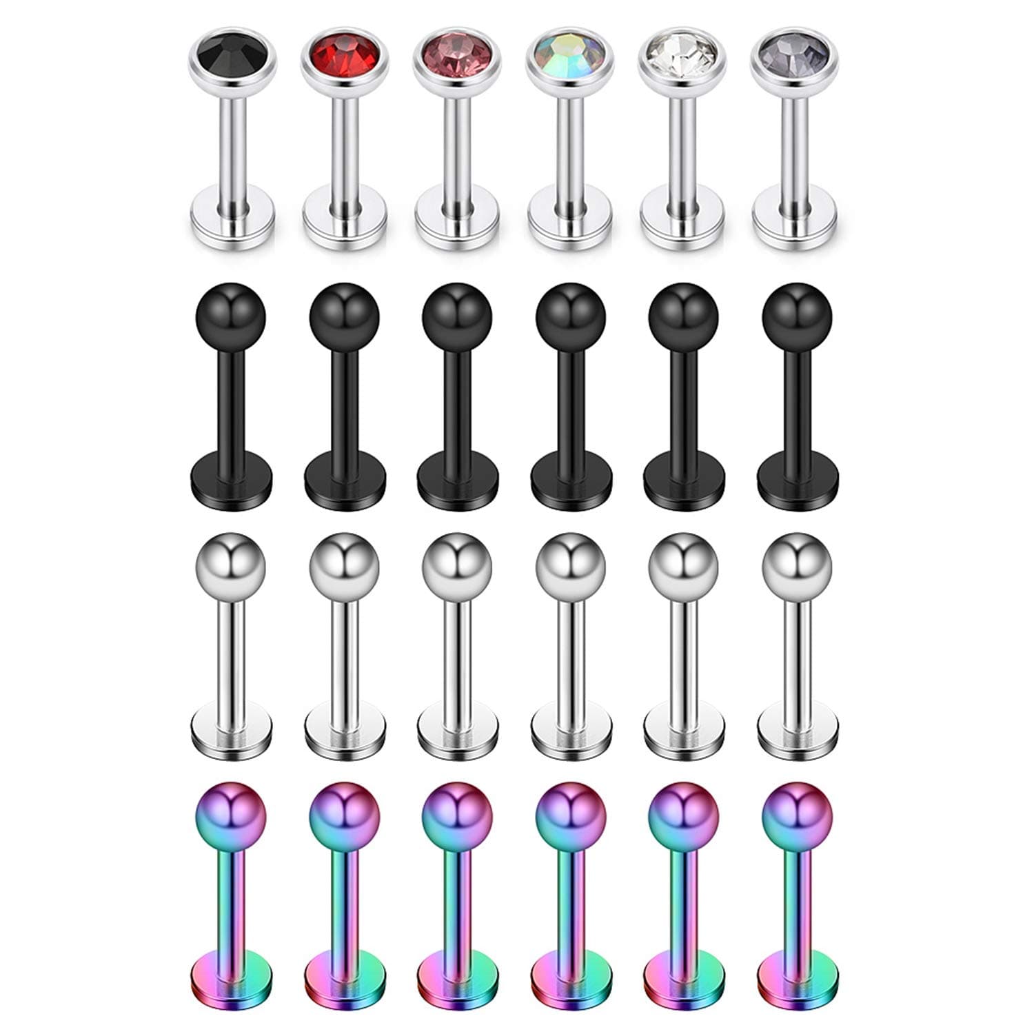 24PCS 16G 316L Stainless Steel 3mm Ball Labret Monroe Lip Ring Tragus Helix Cartilage Earring Stud Barbell Bar Length 6mm 8mm 10mm Body Piercing Jewelry