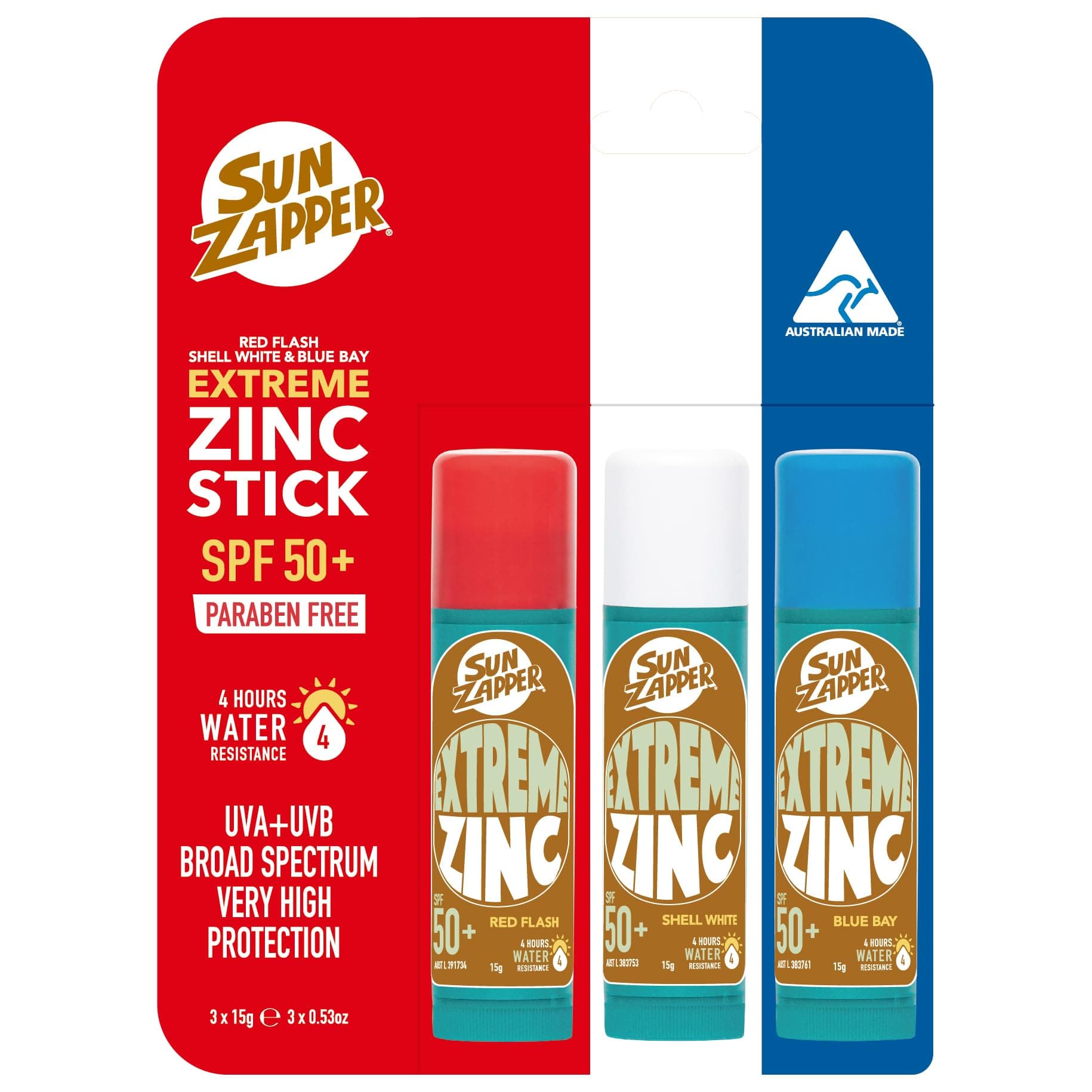 Extreme Zinc Stick - Red, White, Blue Face Sunblock 3-Pack SPF50+ Coloured Zinc Sunscreen Sticks Made in Australia