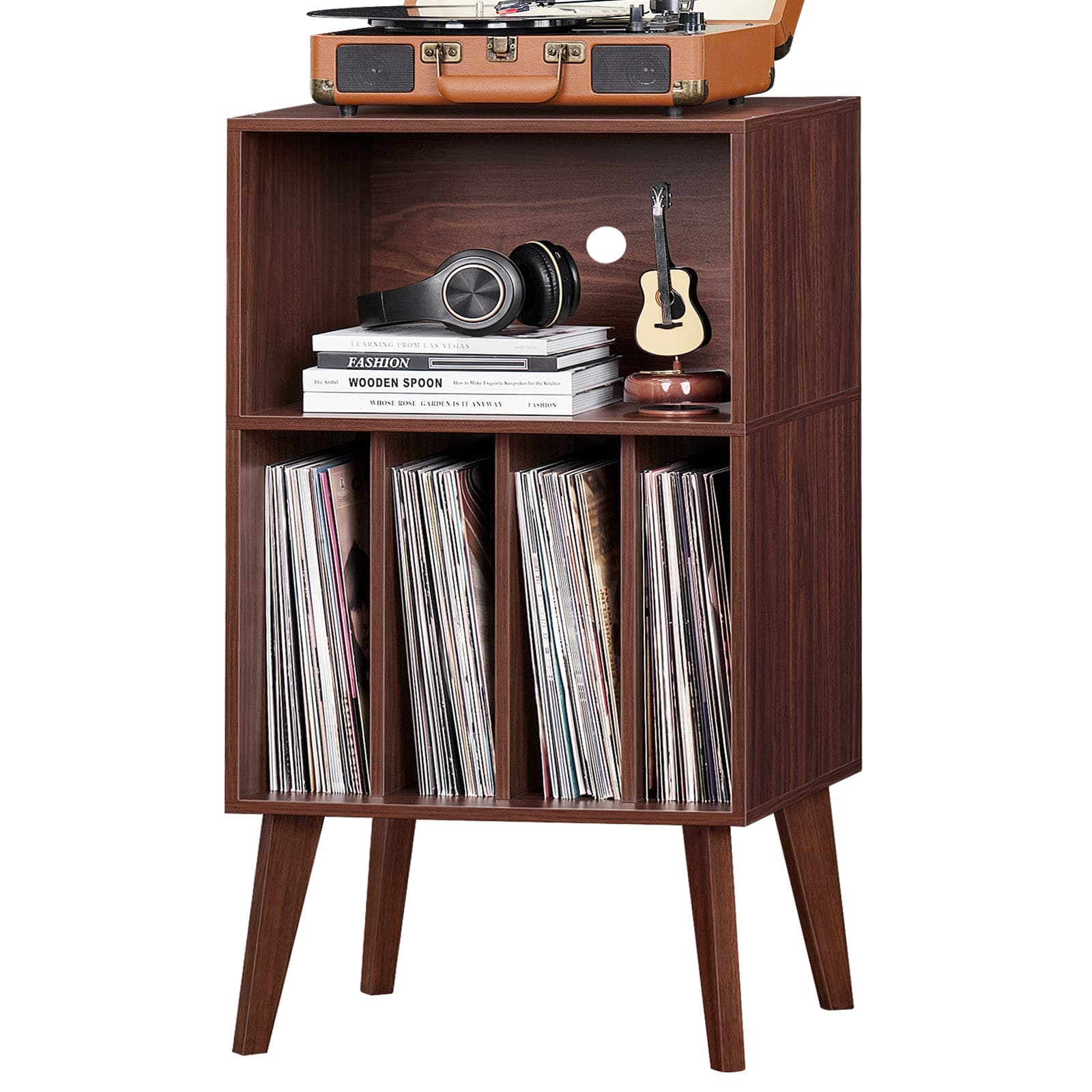Lerliuo Record Player Stand, Walnut Turntable Stand Holds up to 160 Albums, Mid-Century Vinyl Storage Cabinet Table with Solid Wood Legs, Record Player Holder Dispaly Shelf for Bedroom Living Room