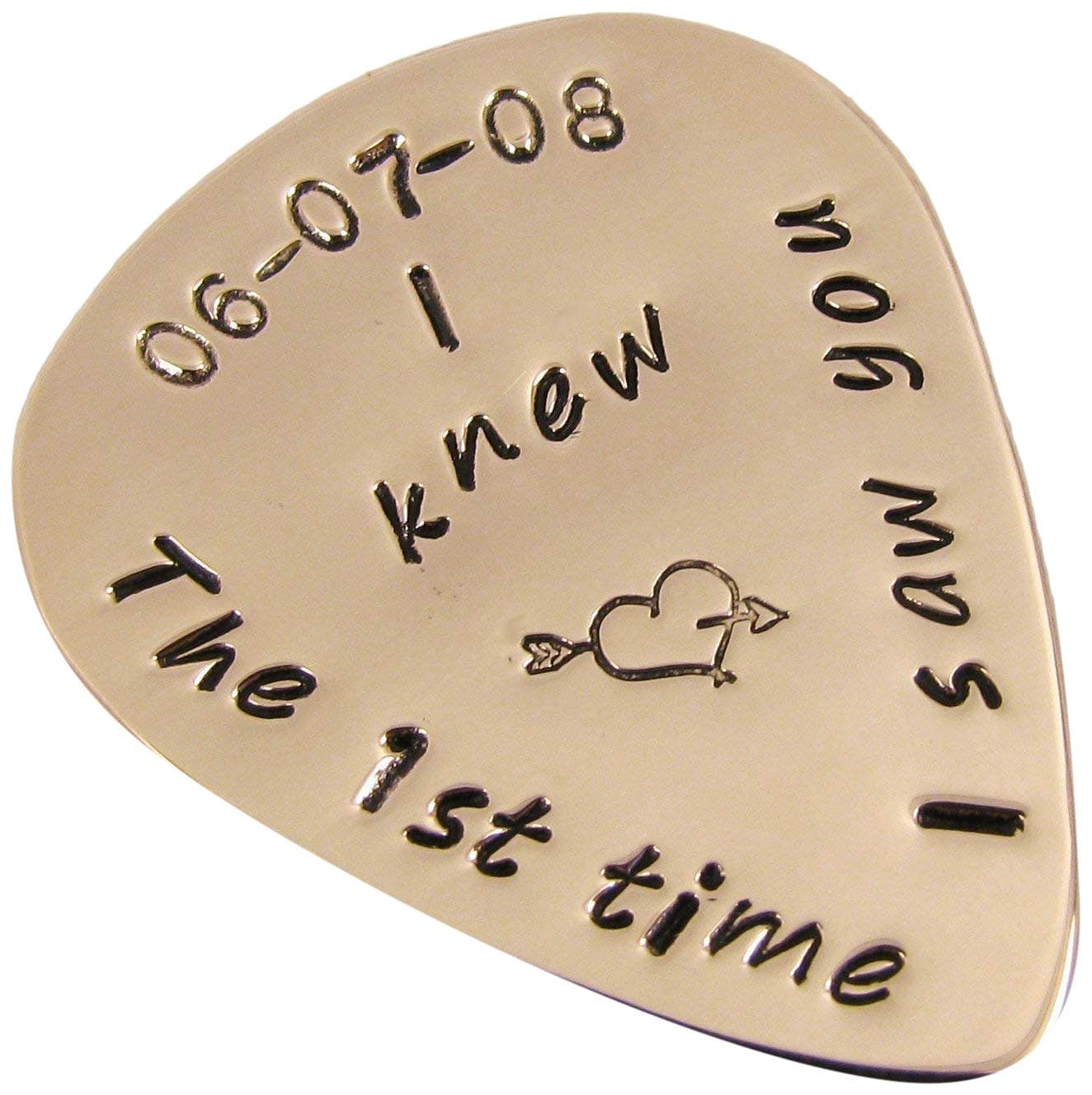 Personalized copper guitar pick, key chain, necklace, The 1st time I saw you I knew