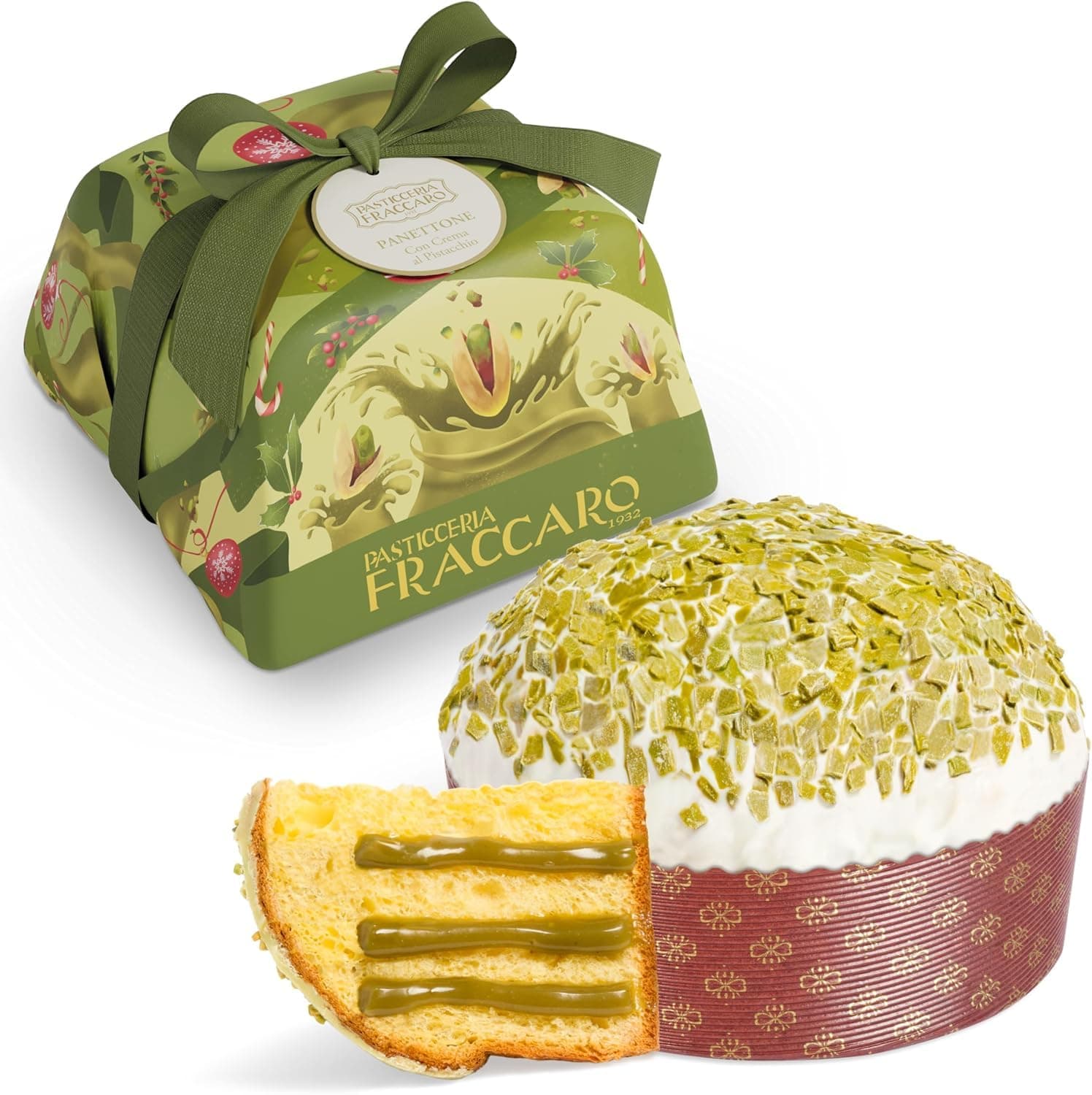 Artisan Panettone with Pistachio filling of Fraccaro Spumadoro, Christmas cake Made in Italy – 750 gr.