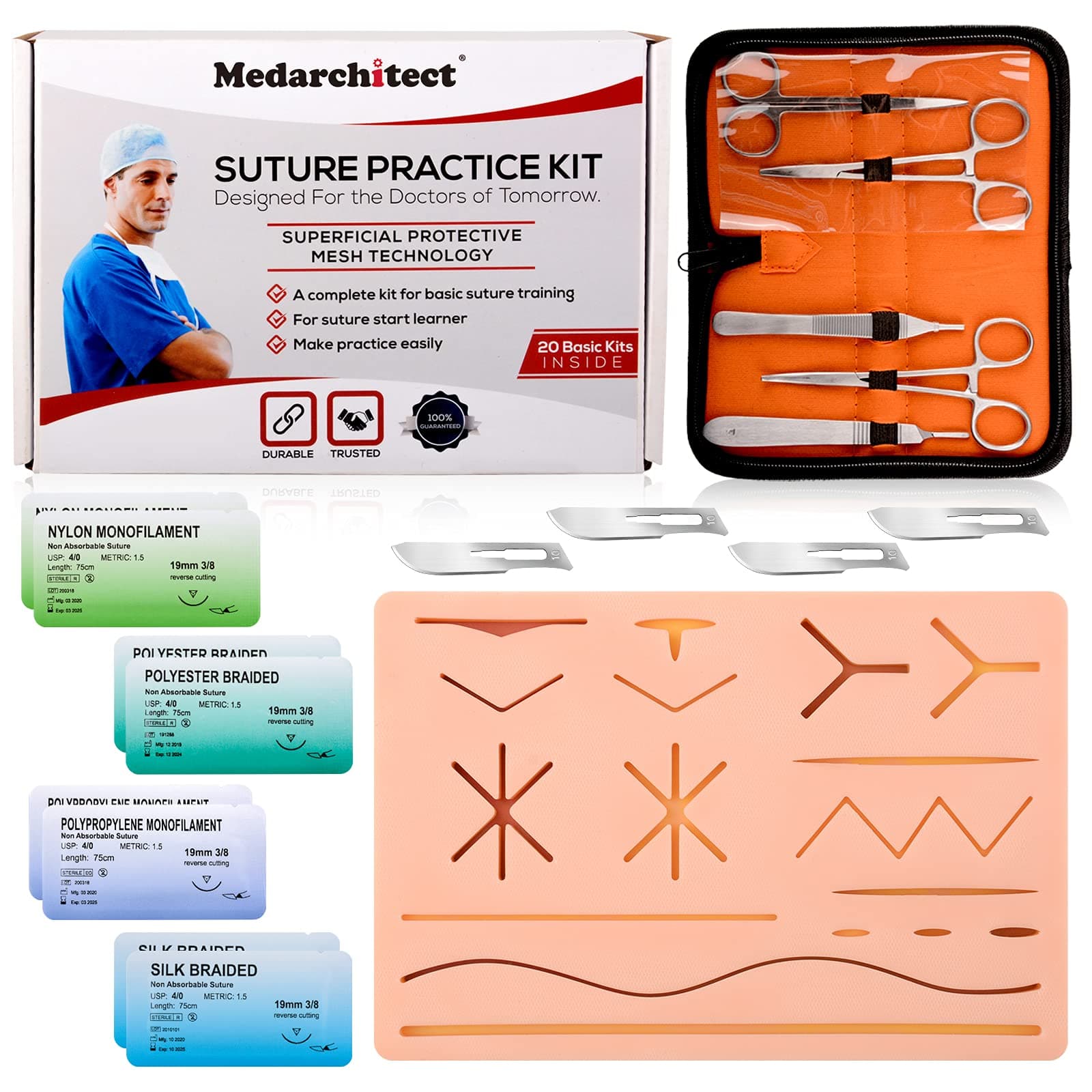 Suture Practice Kit Include 3 Layers Suture Pad with Protective Mesh and Complete Suture Tools Kit with PU Case for Medical Student Suture Training