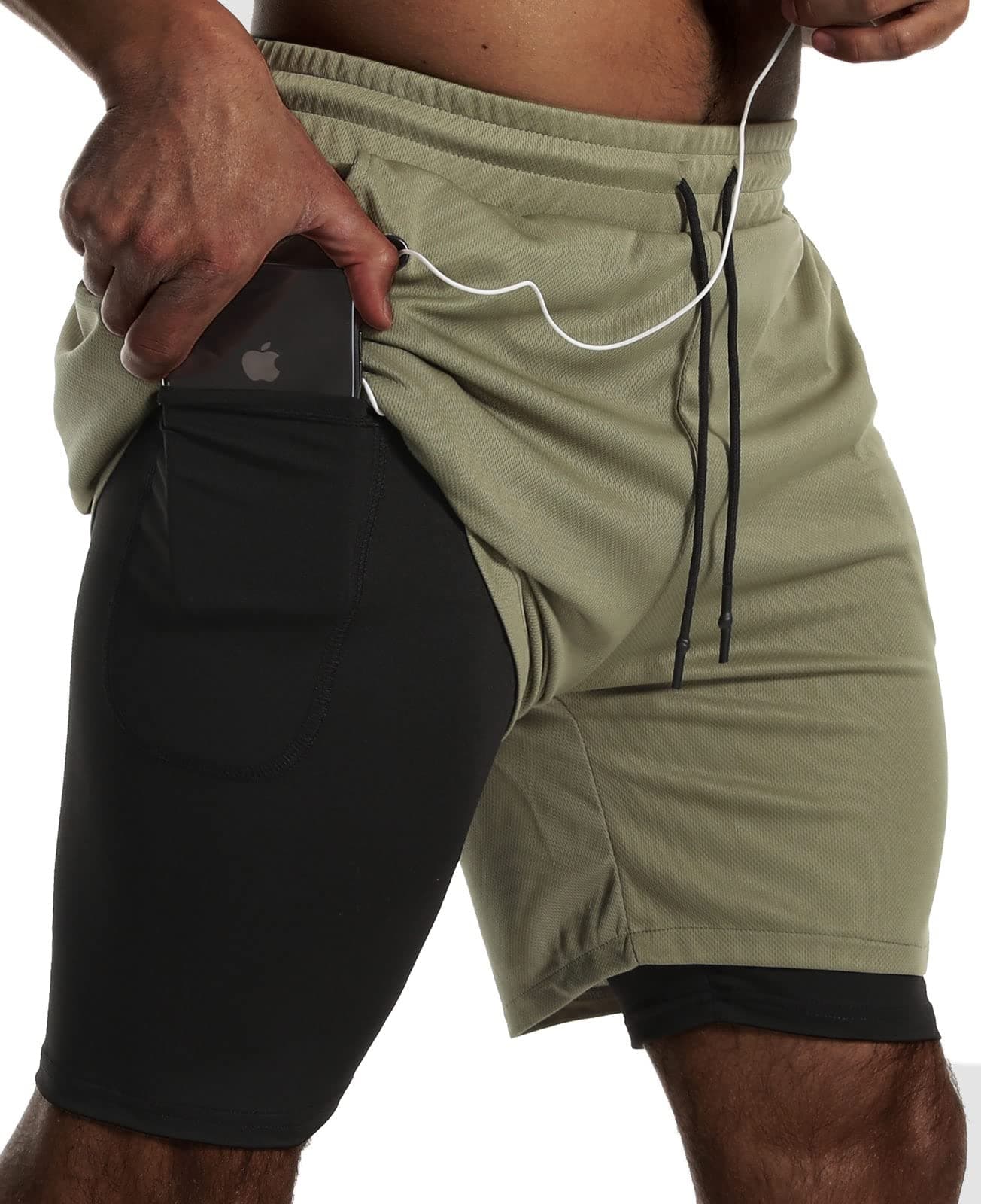 JWJ Mens 2 in 1 Running Shorts Quick Dry Gym Athletic Workout Clothes with Side Pockets