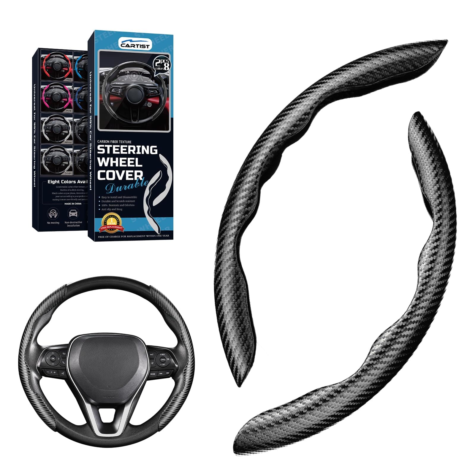 Cartist Carbon Fiber Steering Wheel Cover - Anti-Slip, Steering Wheel Cover for Men/Women - Durable, Universal Car Accessory (Black)