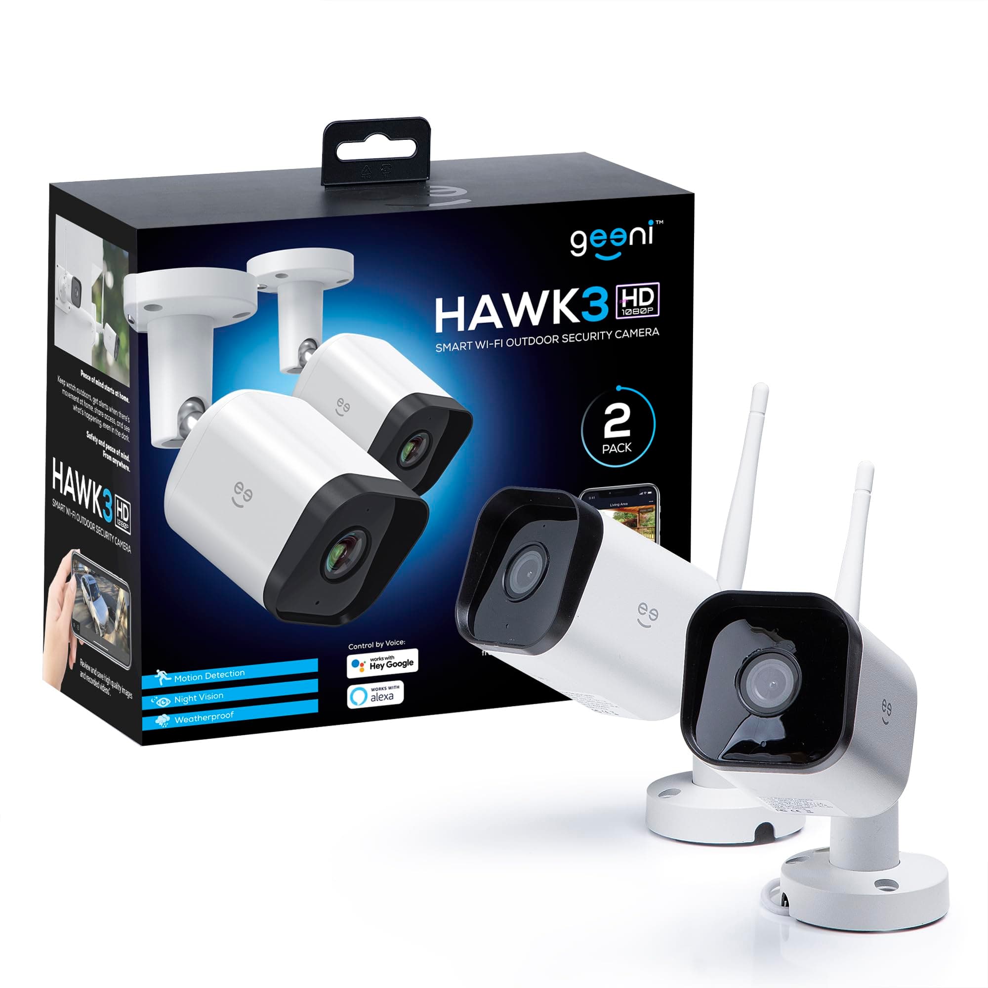 Geeni Hawk 3 1080P Outdoor Security Camera – 2-Pack Weatherproof Outdoor Cameras for Home Security Motion & Sound Detection and Night Vision, Supports Alexa & Google