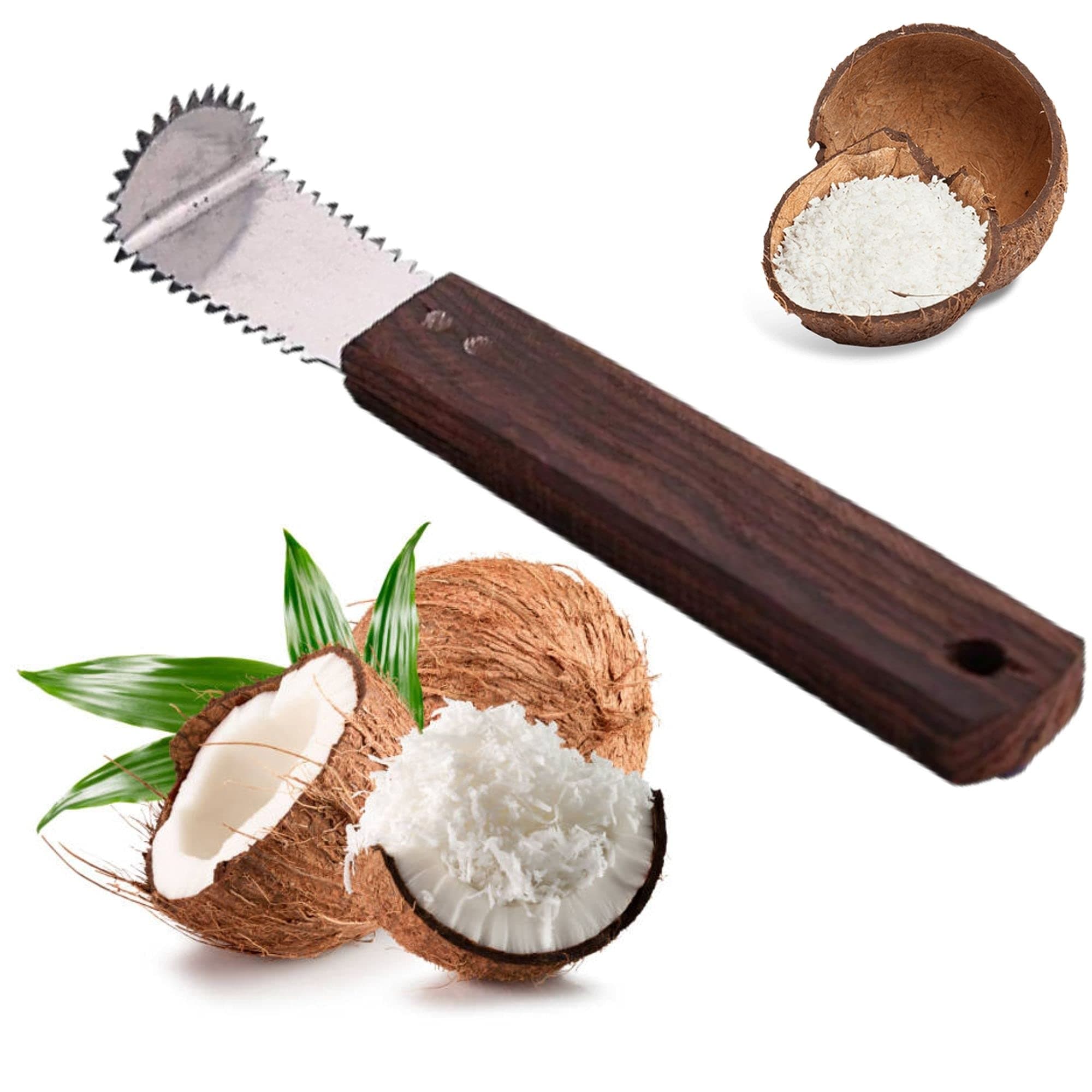Qts Coconut Grater Steel, Scrapper Wood Hand Kitchen Tool, Silver and Brown,Silver & brown,15 cm(DD664N)