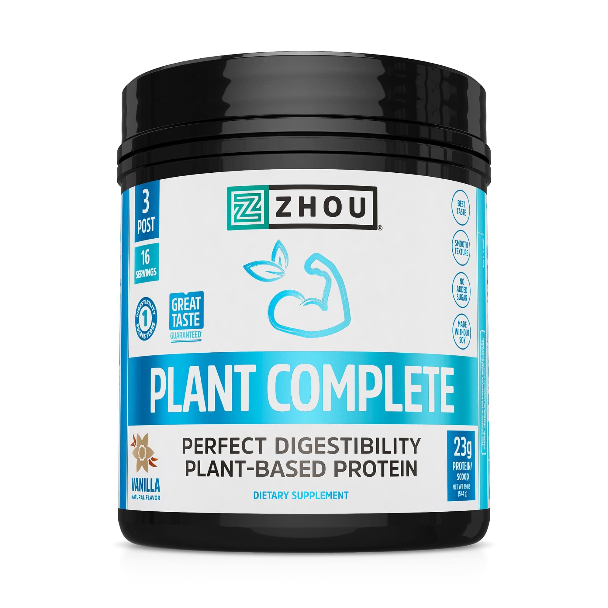 Zhou Plant Complete Vegan Protein Powder - Plant Based Protein Powder for Women & Men, Non Dairy Rice & Pea Protein Blend for Smoothies and Shakes, 21g Per Serving - Vanilla, 17.7oz (16 Servings)