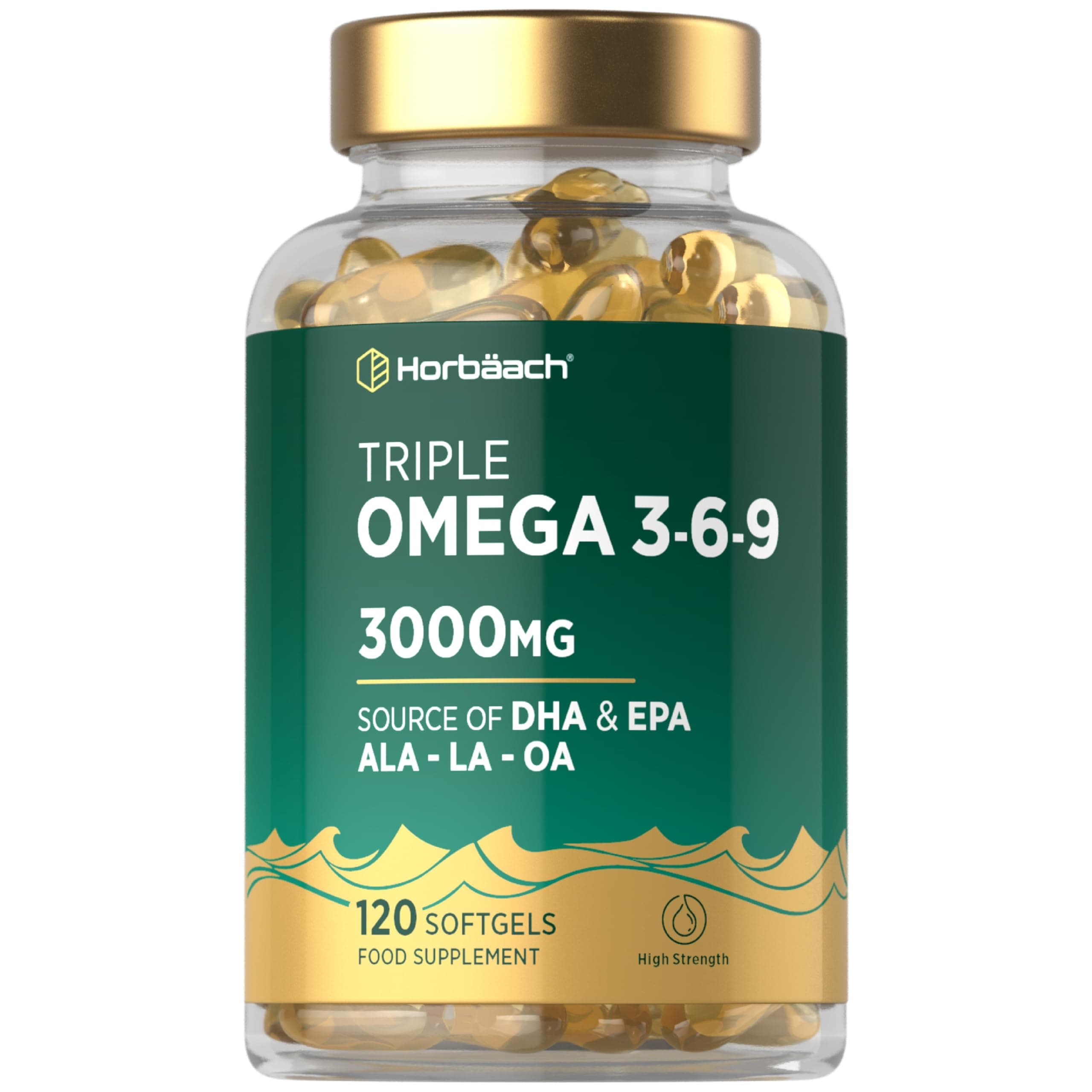 Triple Omega 3 6 9 Capsules 3000mg ALA, LA & OA | 120 Softgels | High Strength EPA & DHA Essential Fatty Acids | Supplement with Fish Oil, Flaxseed & Sunflower Oil | by Horbaach